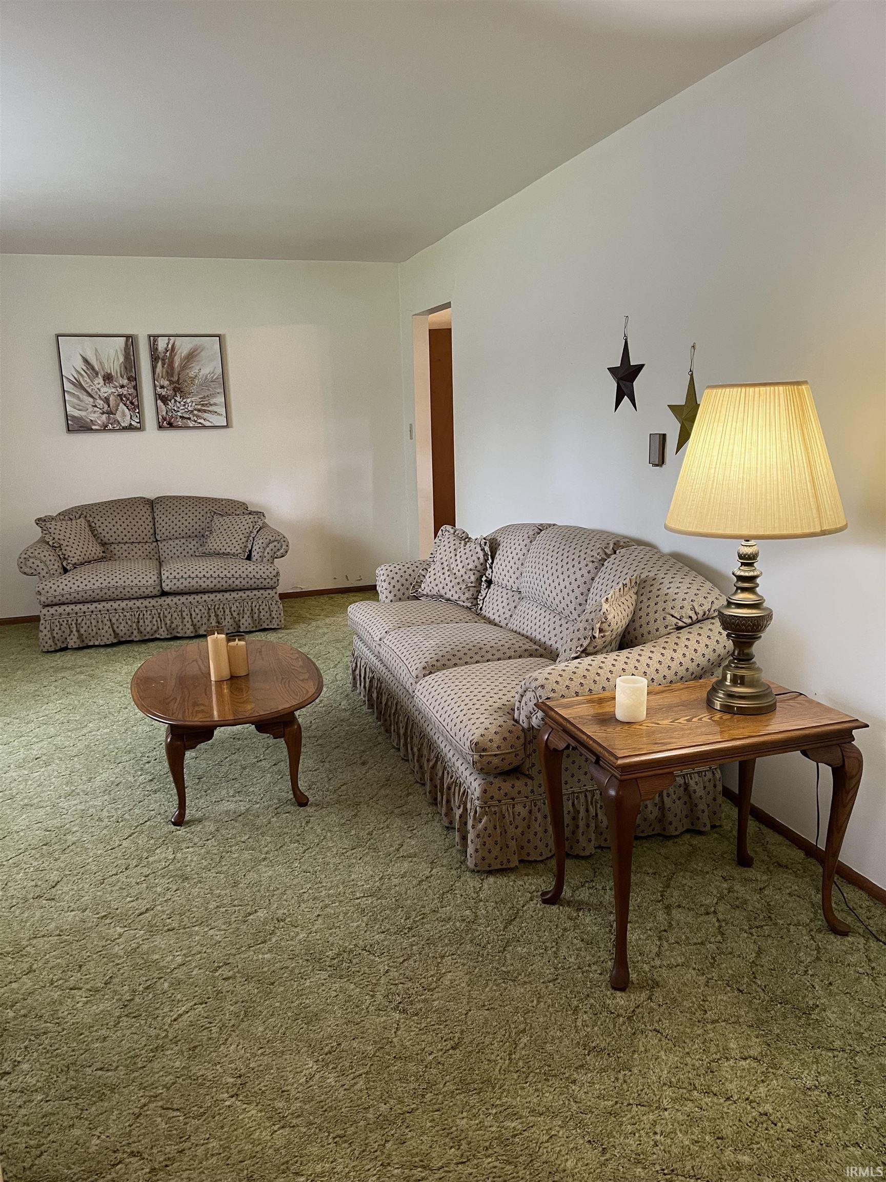 Spacious room featuring light-colored walls and wall-to-wall green carpeting