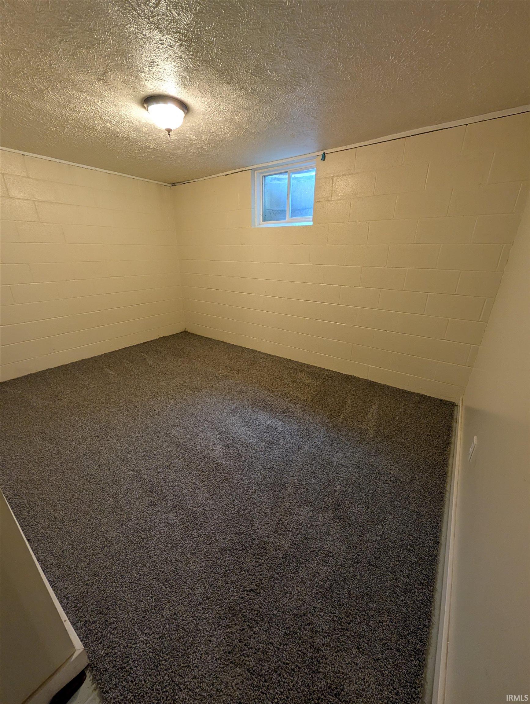 Room featuring grey carpeting, cream-painted cinder block walls, and a single light fixture