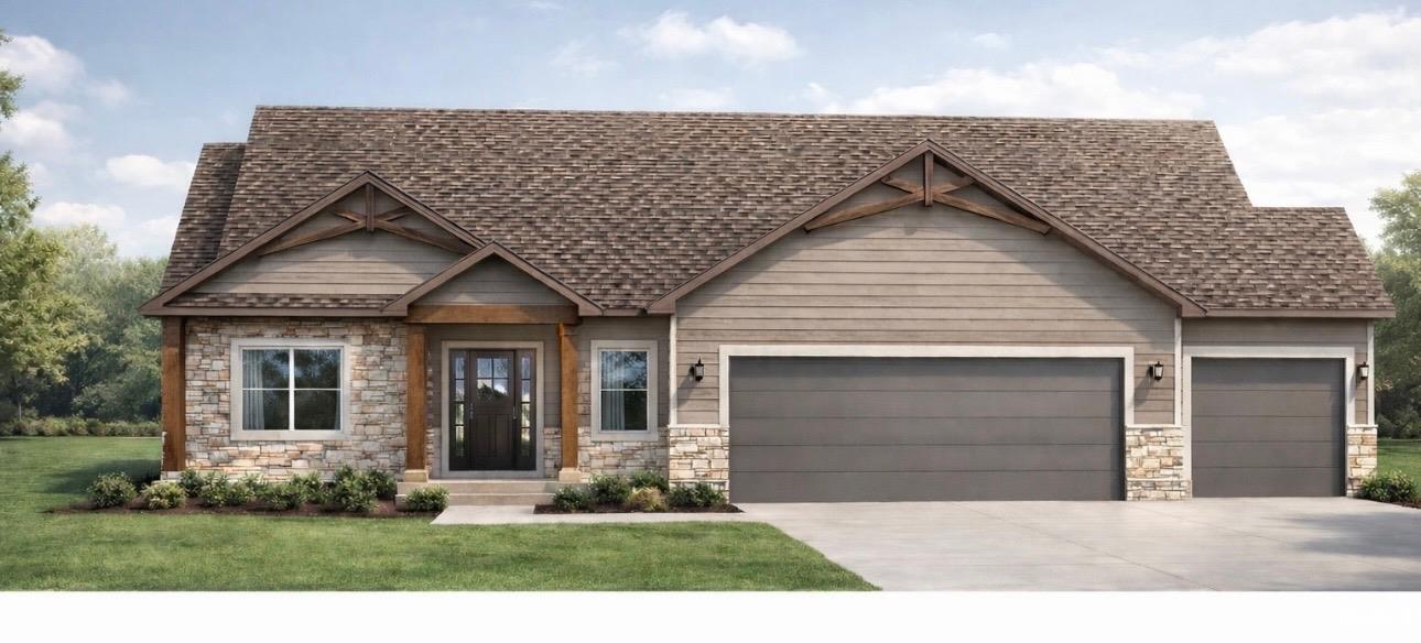 Craftsman-style exterior featuring stone accents, horizontal siding, and prominent roof gables