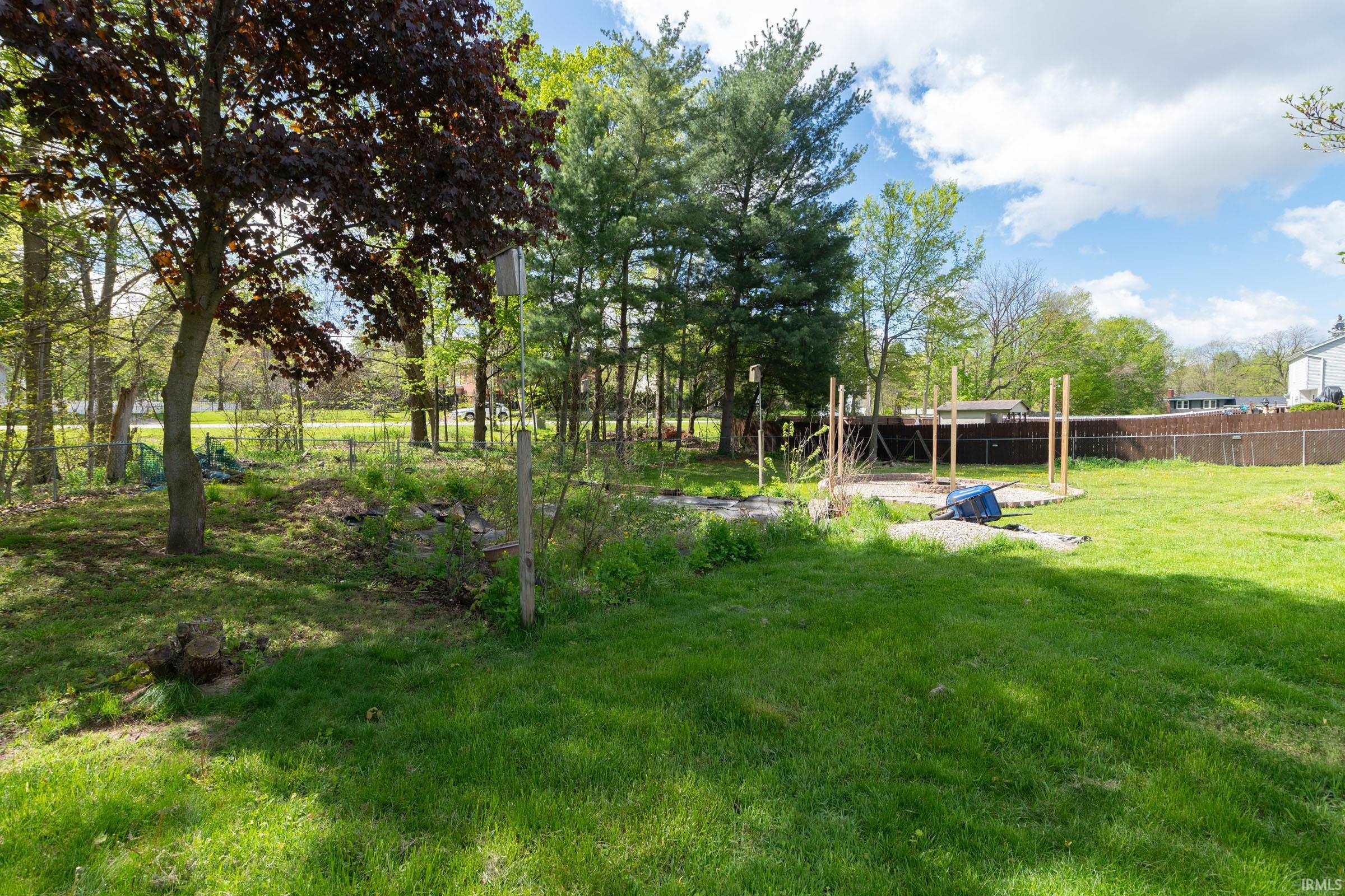 Expansive green lawn with mature trees and a wooded border