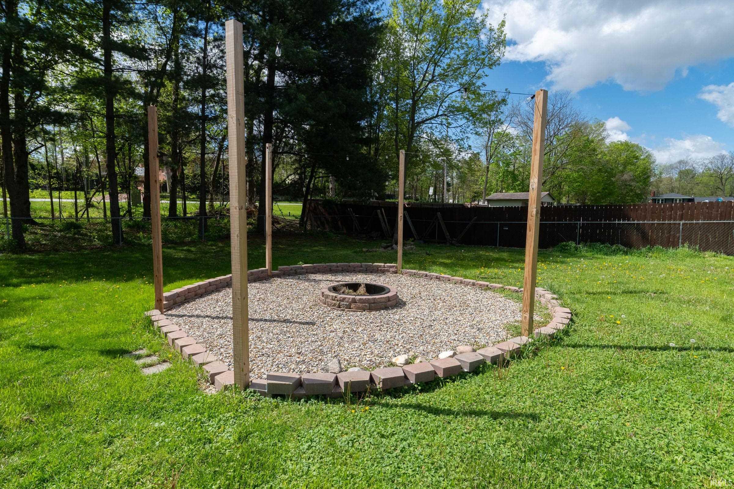 Outdoor fire pit area featuring a gravel base, paver stone border, and four wooden posts