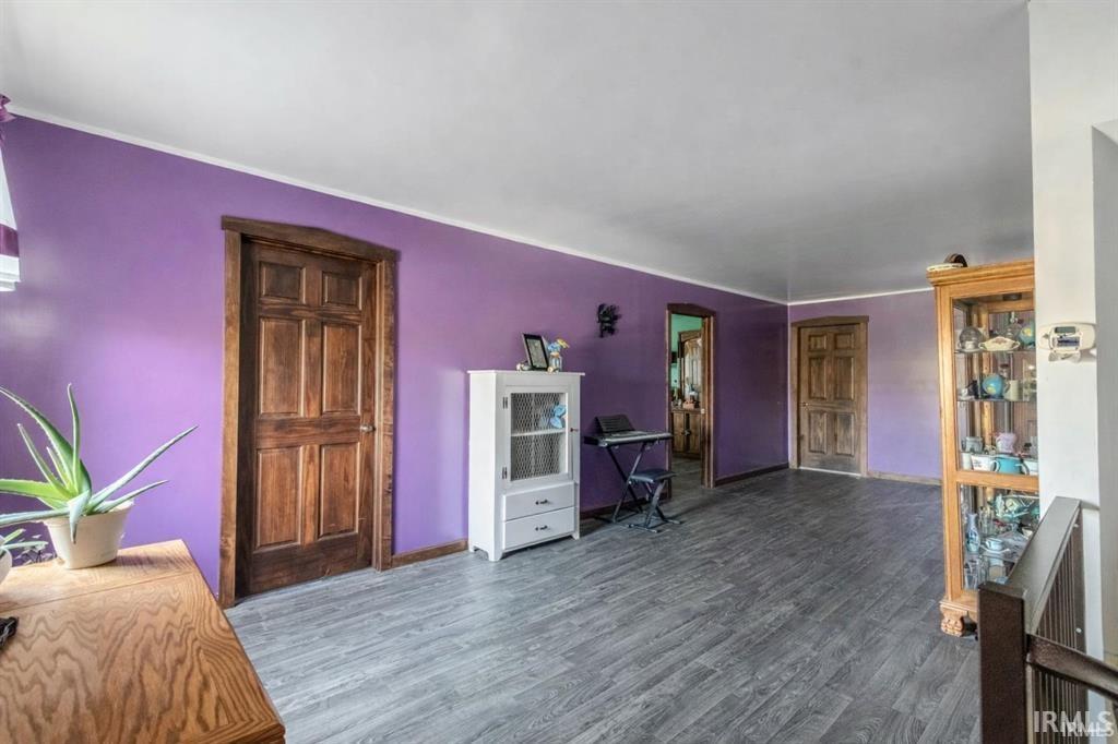 Interior hallway featuring dark wood-finish flooring, vibrant purple walls, and multiple paneled wood doors with matching trim