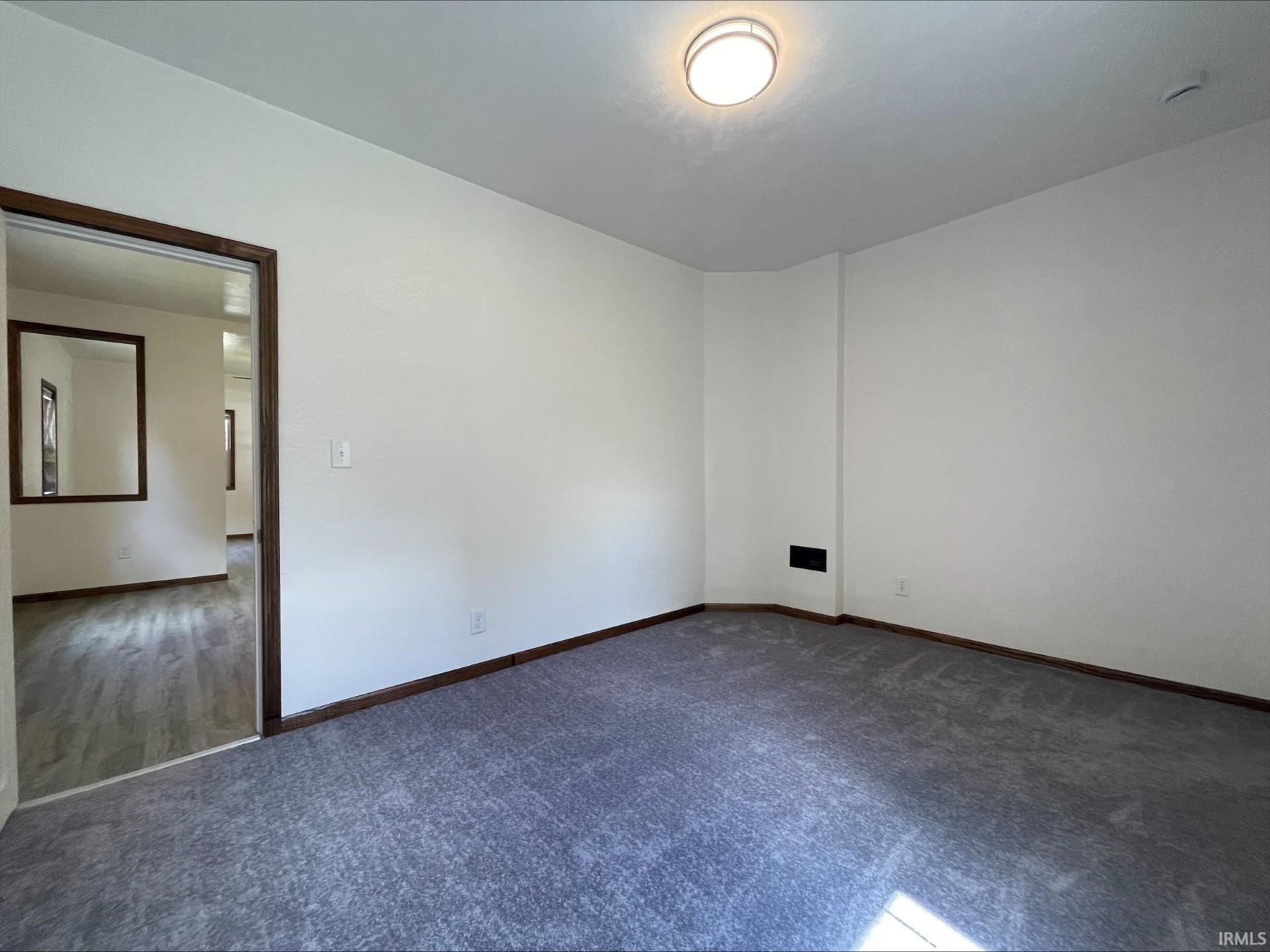 Bright room featuring plush gray carpeting, white walls, and dark wood-finish trim