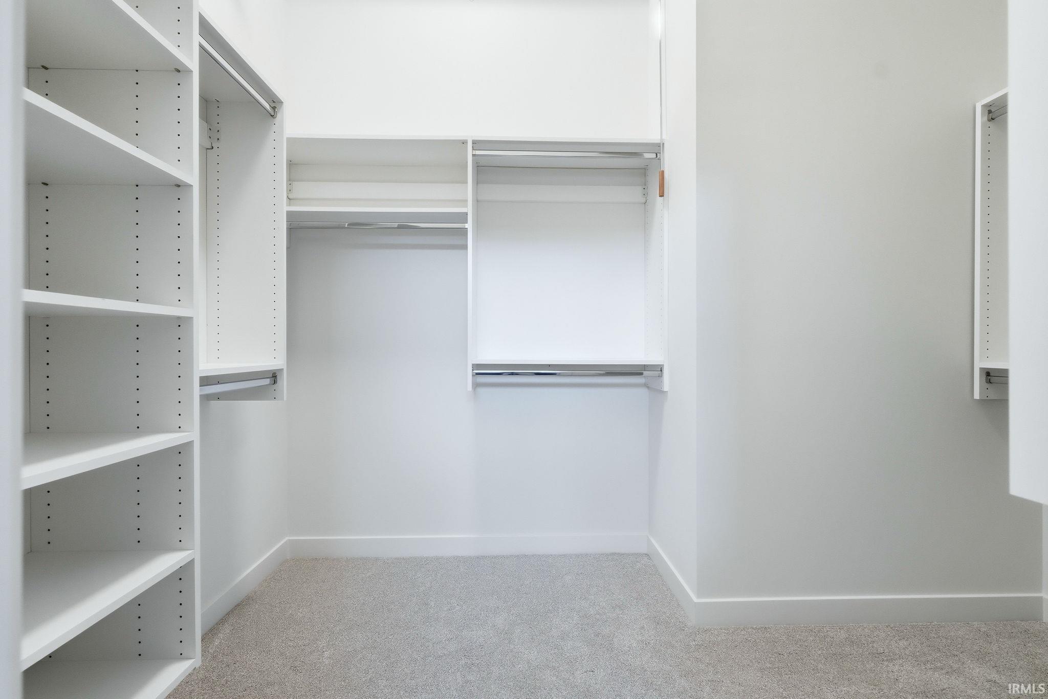 Walk-in closet featuring white built-in shelving, multiple hanging rods, and light gray carpeting