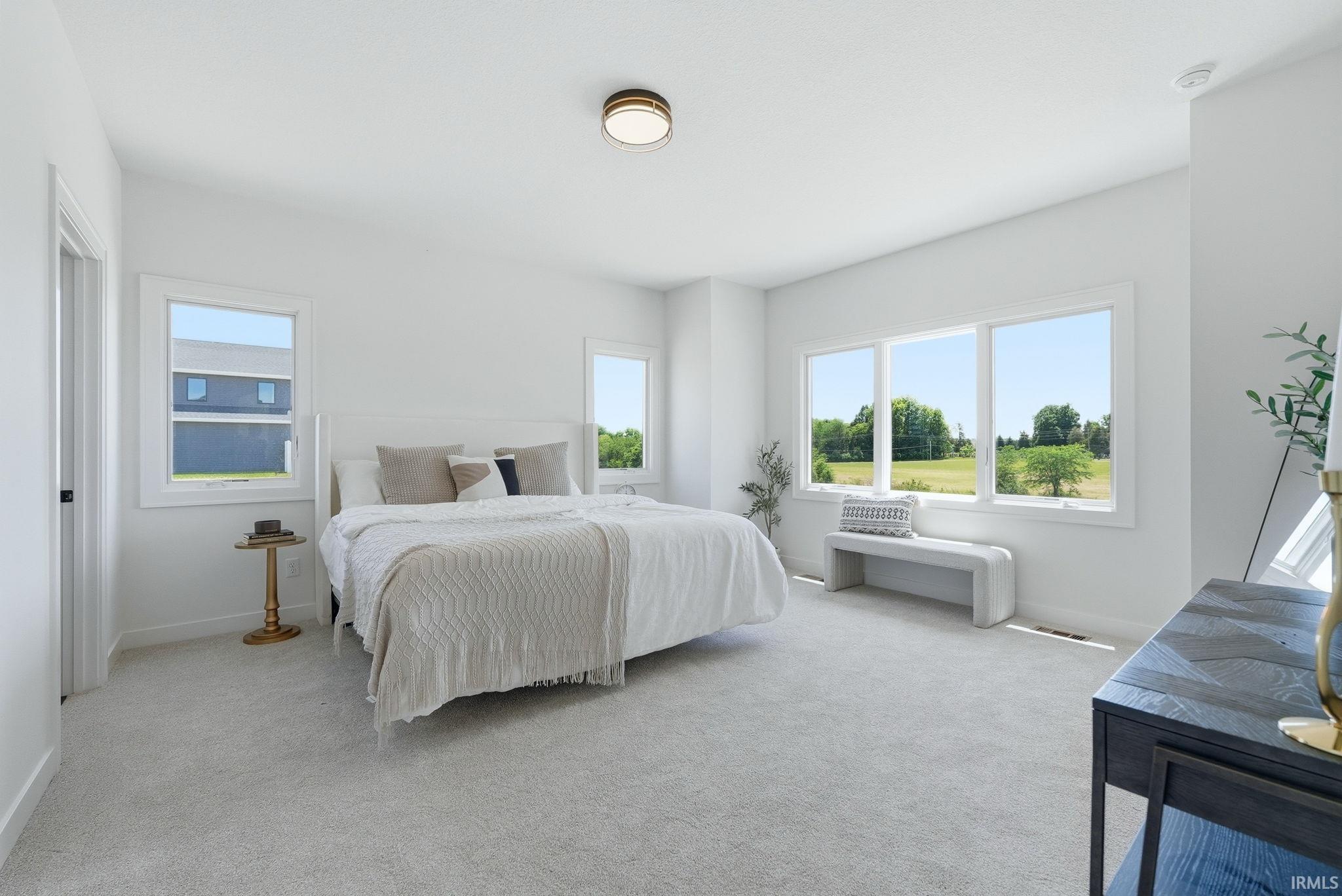 Spacious room featuring light-toned carpeting and multiple windows