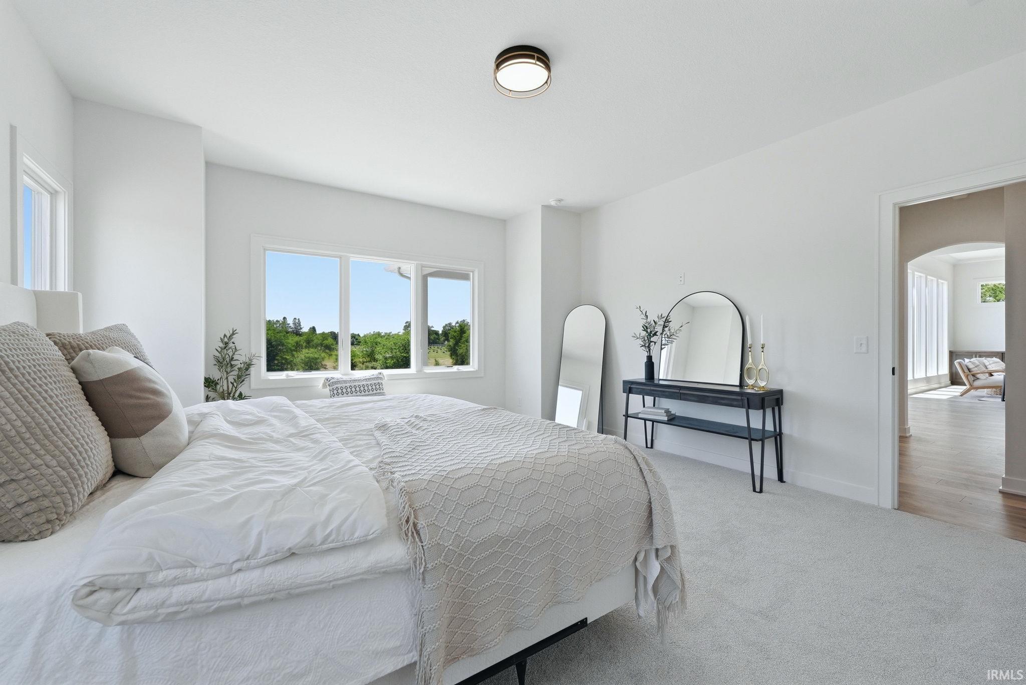 Light gray carpeting and white walls define this bedroom space