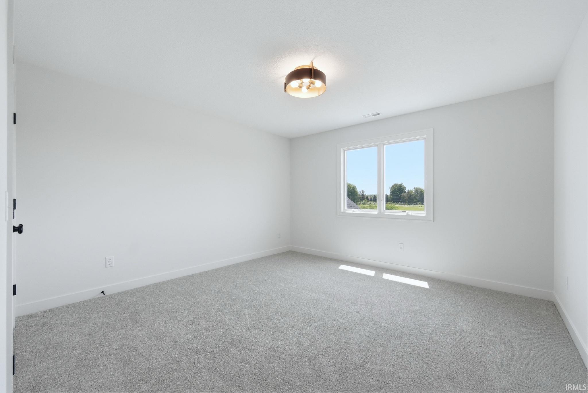 Bright interior space featuring light gray carpeting, crisp white walls, and a contemporary ceiling light fixture