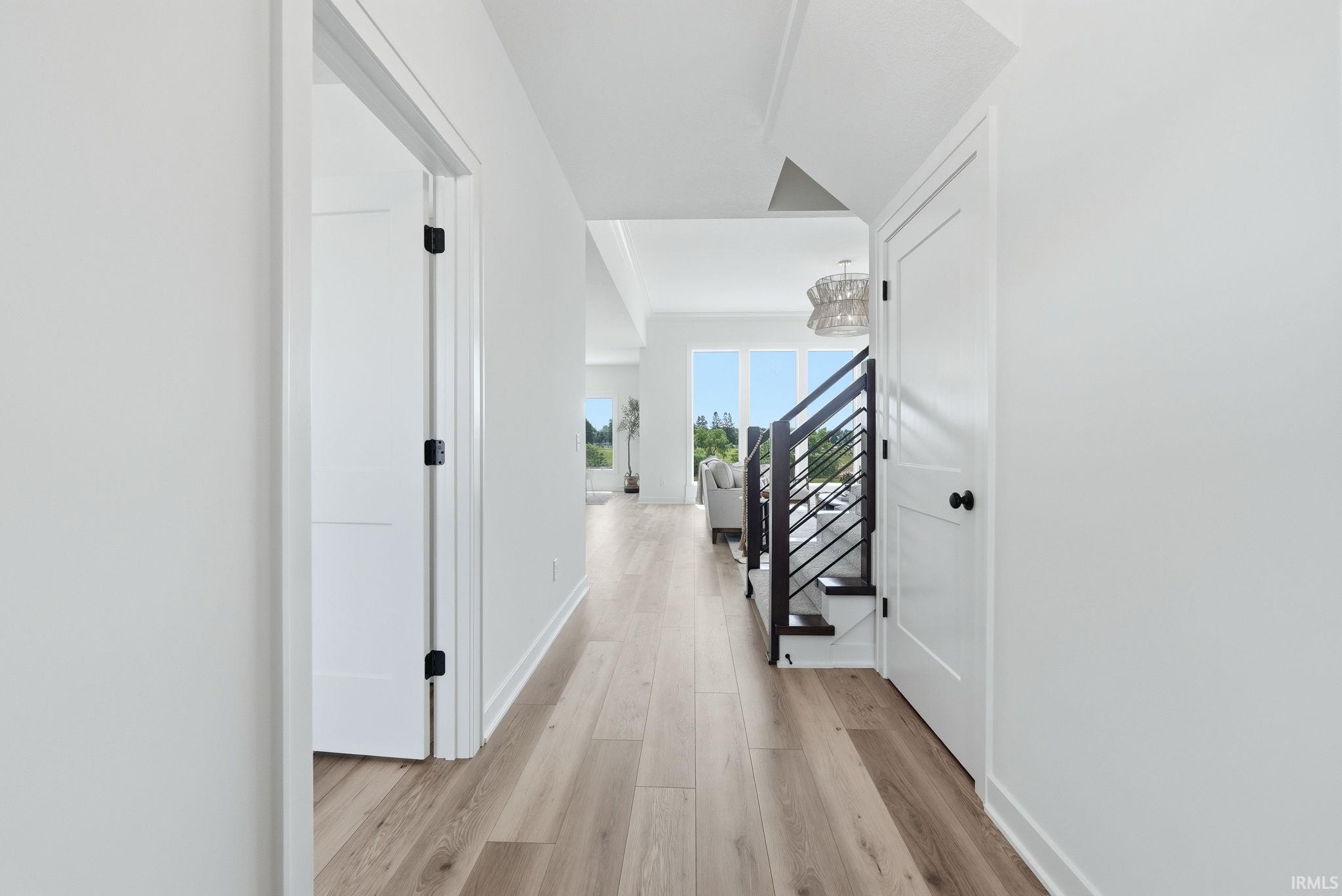 Bright hallway featuring wood-finish flooring, white walls, and a modern staircase with dark railing