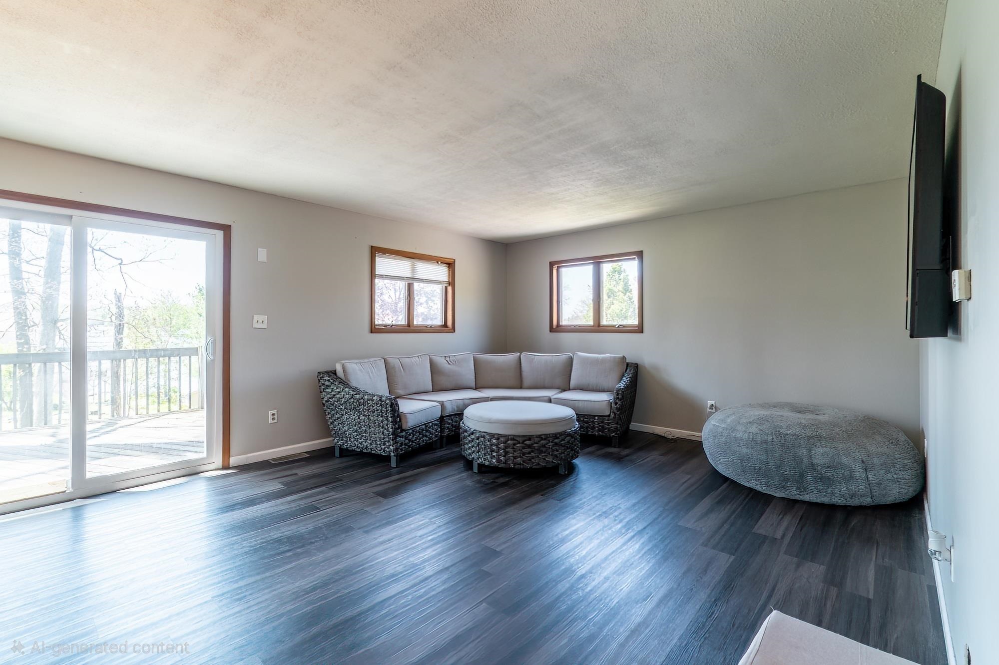 Spacious living area featuring dark wood-finish flooring