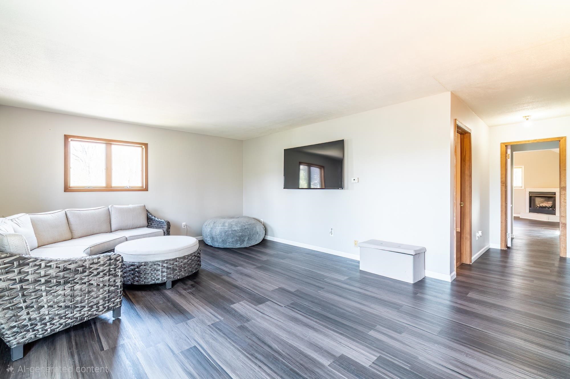 Spacious room featuring wood-finish flooring, light-toned walls, and a large window with natural wood trim