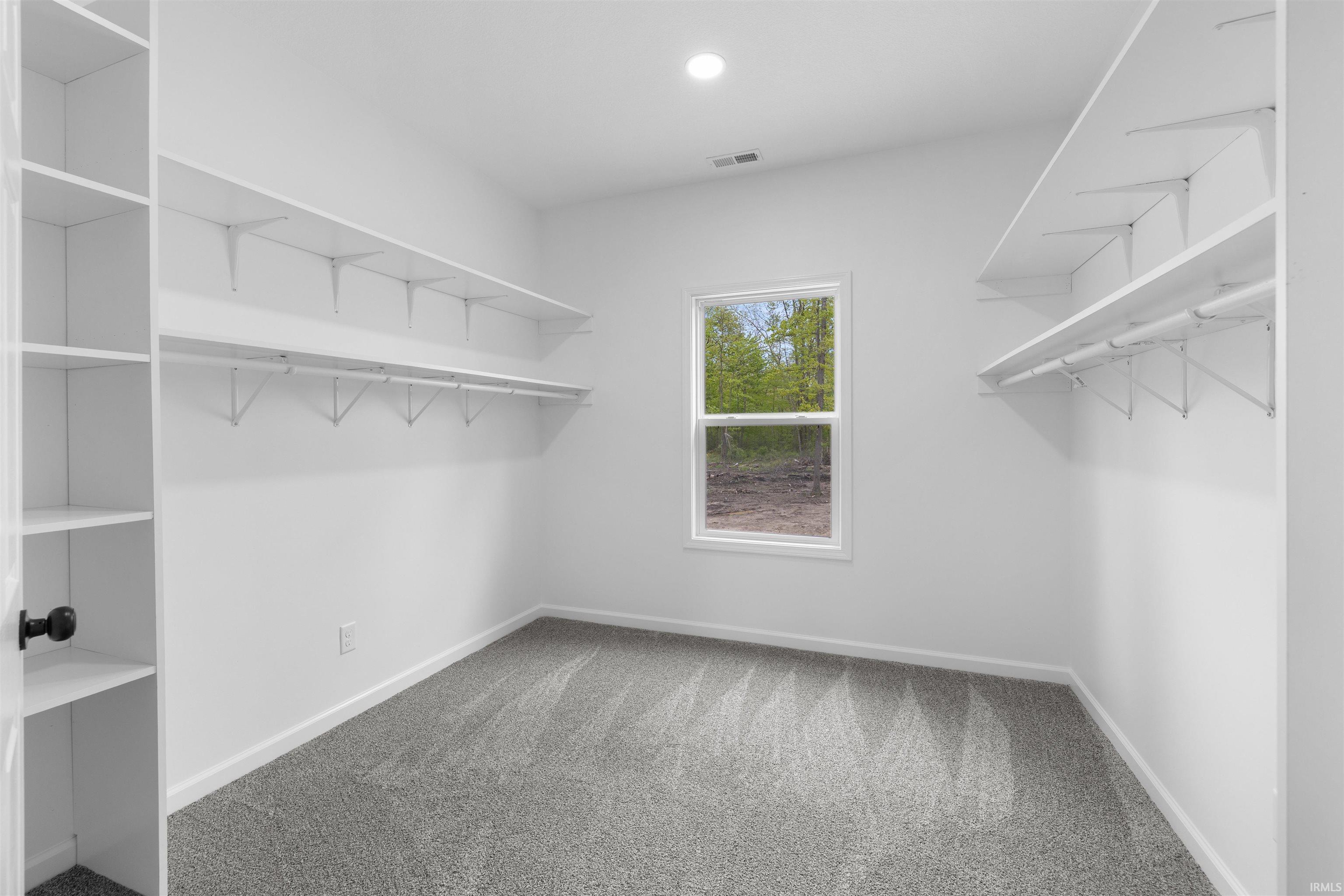 Walk-in closet featuring built-in shelving, hanging rods, and grey carpet flooring