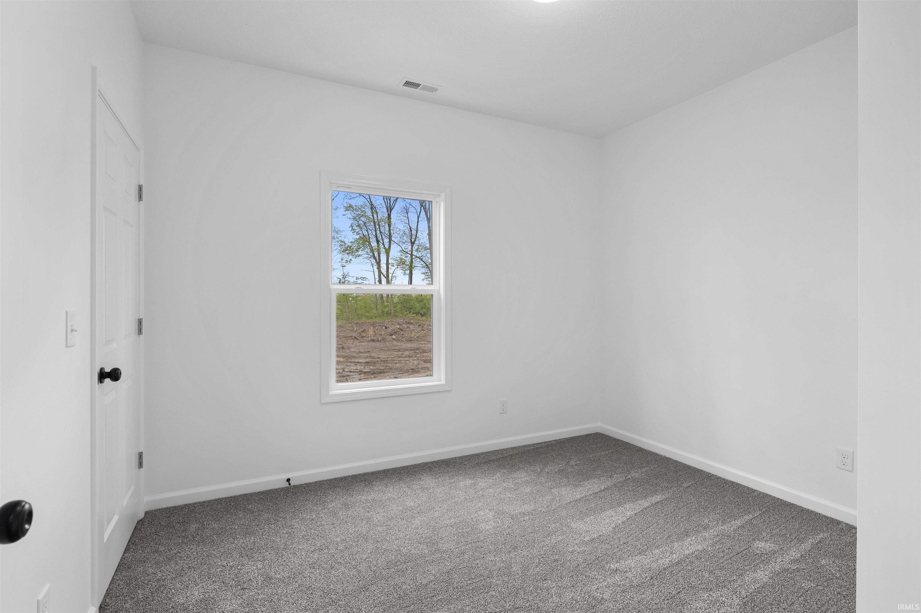 Room featuring light gray carpeting, white walls, and a single window with white trim