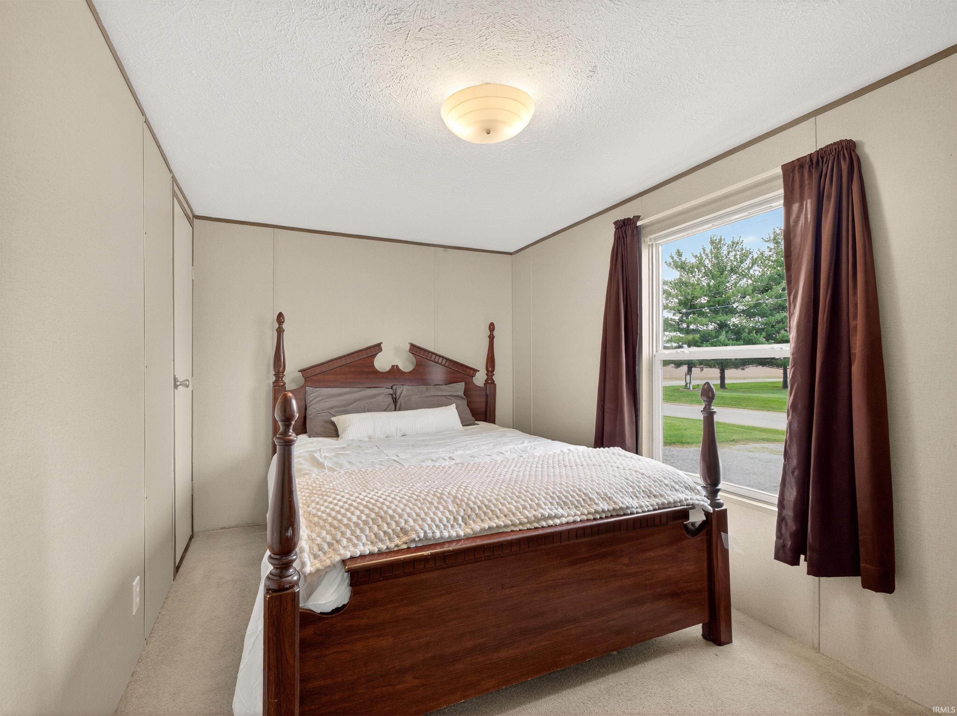 Carpeted room with a large window, a ceiling-mounted light fixture, and neutral-toned paneled walls