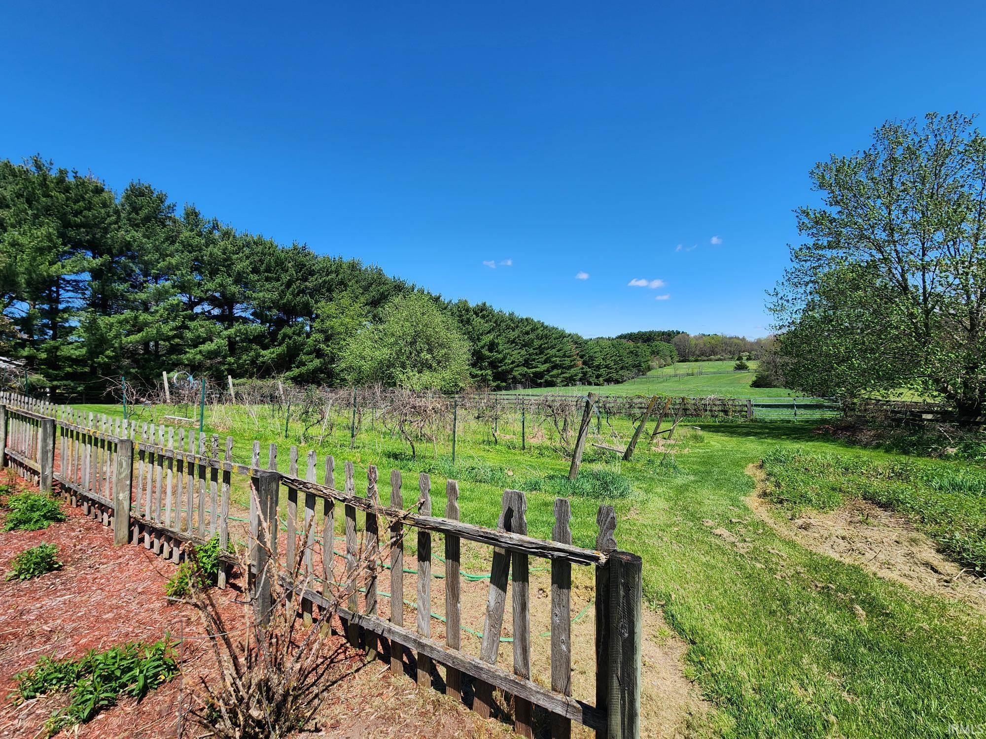 Expansive grounds featuring a rustic picket fence, mature trees, and a verdant landscape with rolling hills