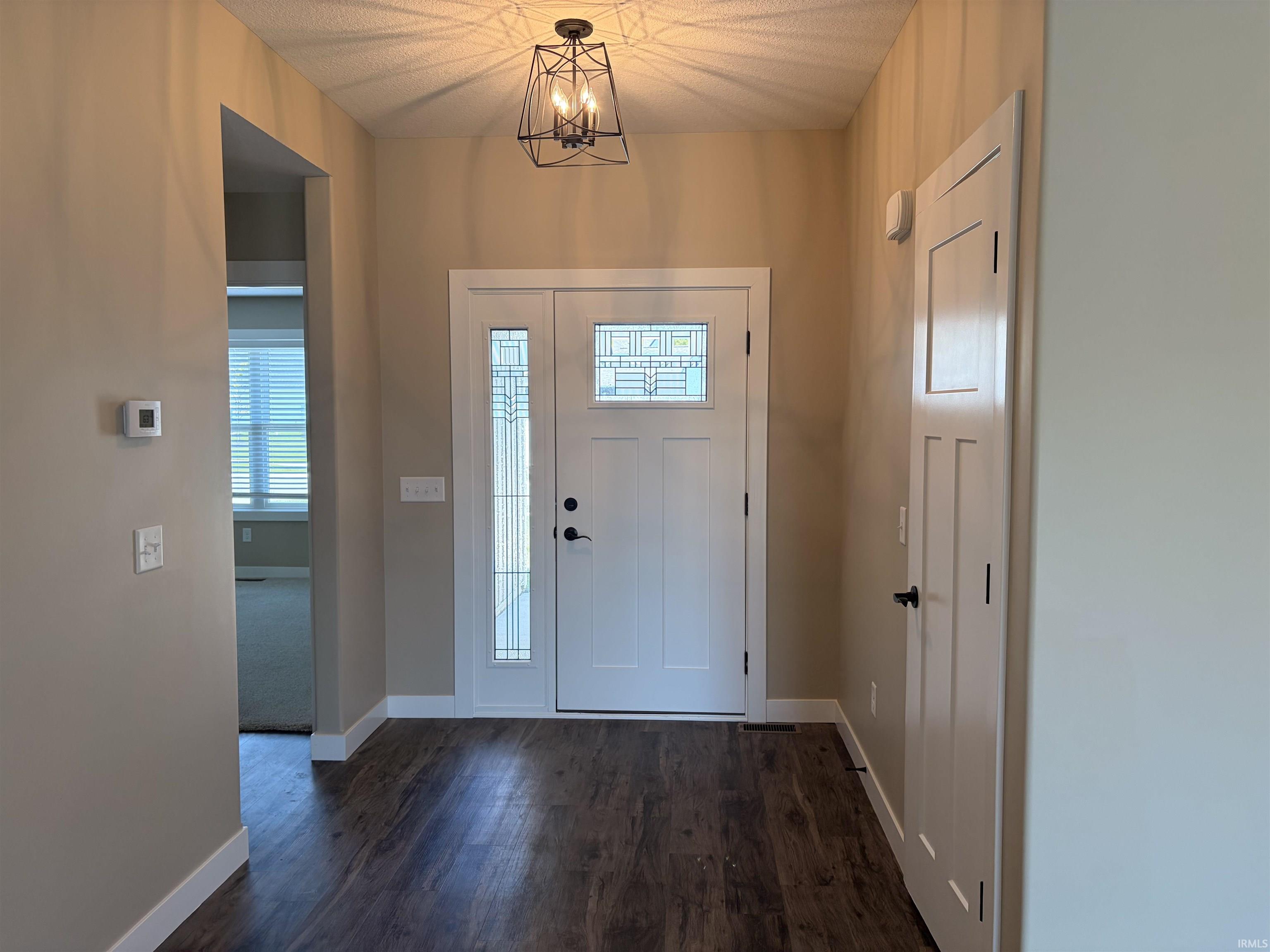 Entryway featuring wood-finish flooring, a white paneled entry door with decorative glass sidelights, a contemporary geometric ceiling light fixture, and neutral wall paint