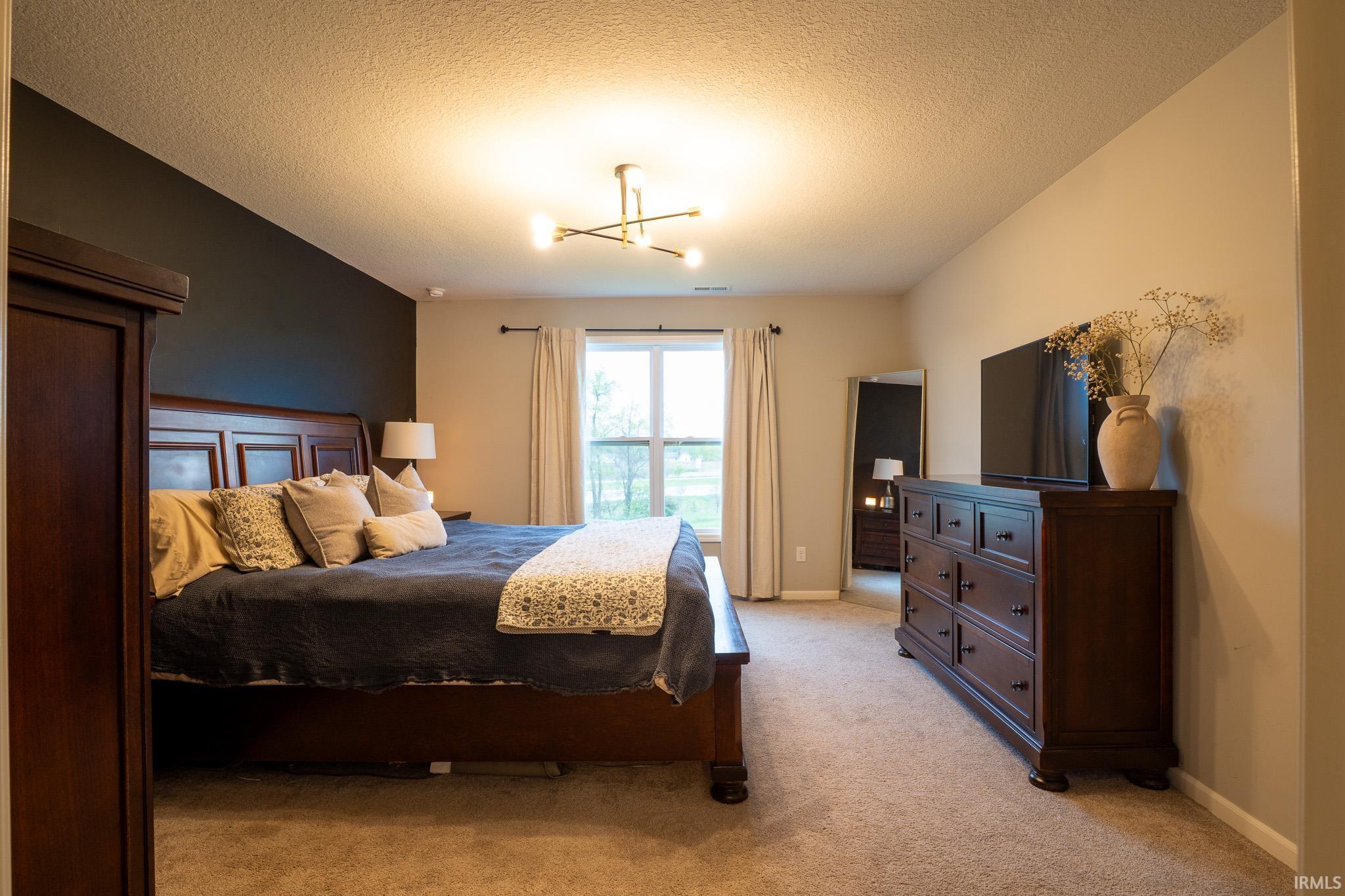 Spacious room featuring neutral carpet flooring, a large window with natural light, and a modern ceiling light fixture