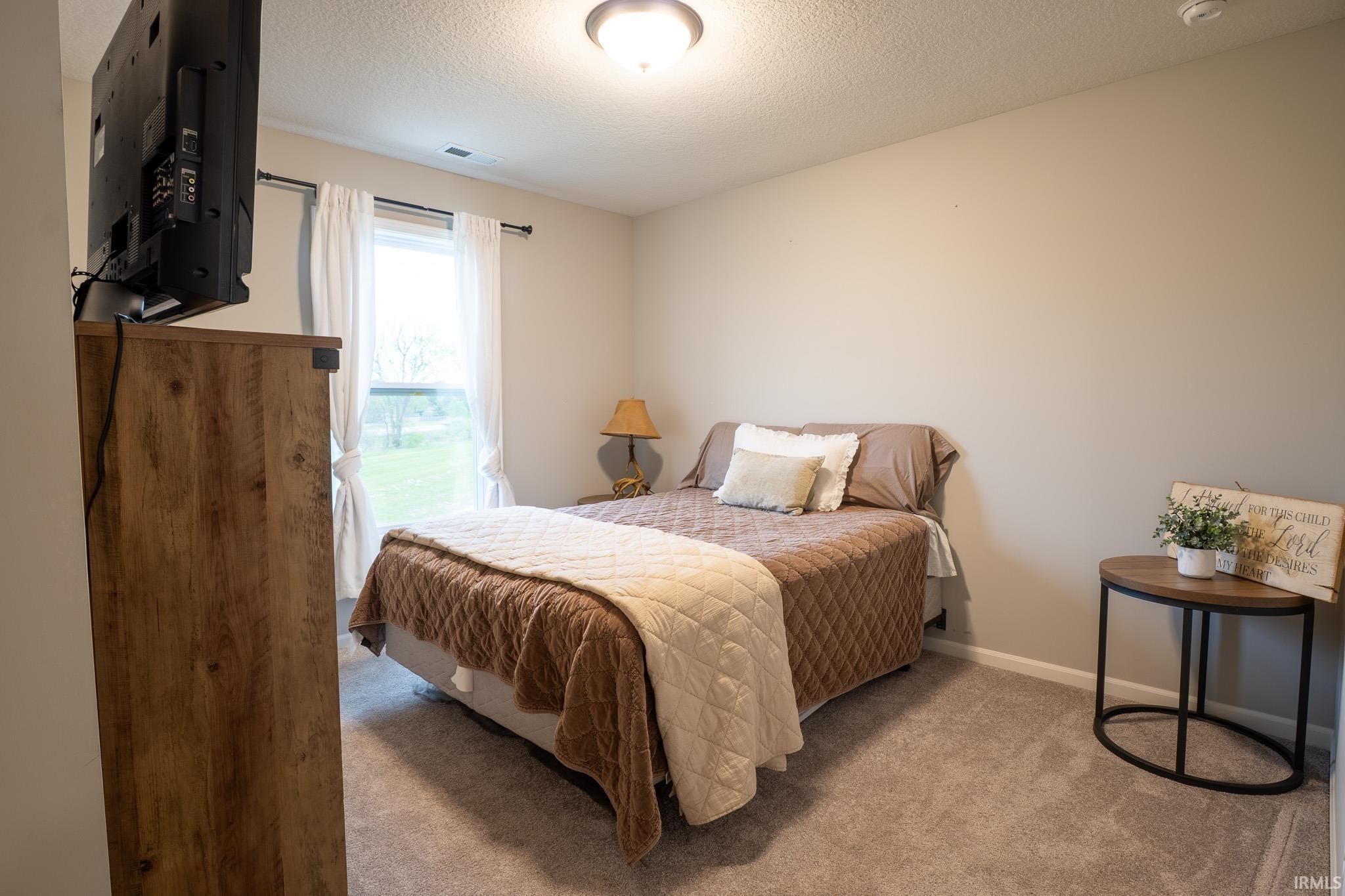 Carpeted room featuring a single window with white curtains, neutral-toned walls, and a ceiling-mounted light fixture