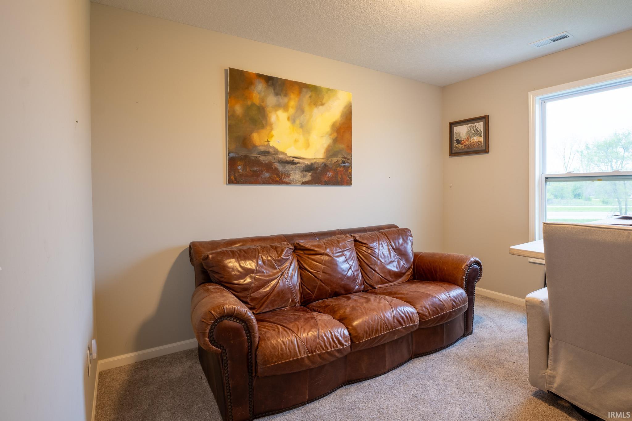 Neutral wall paint with white trim, a large window, and gray carpeted flooring
