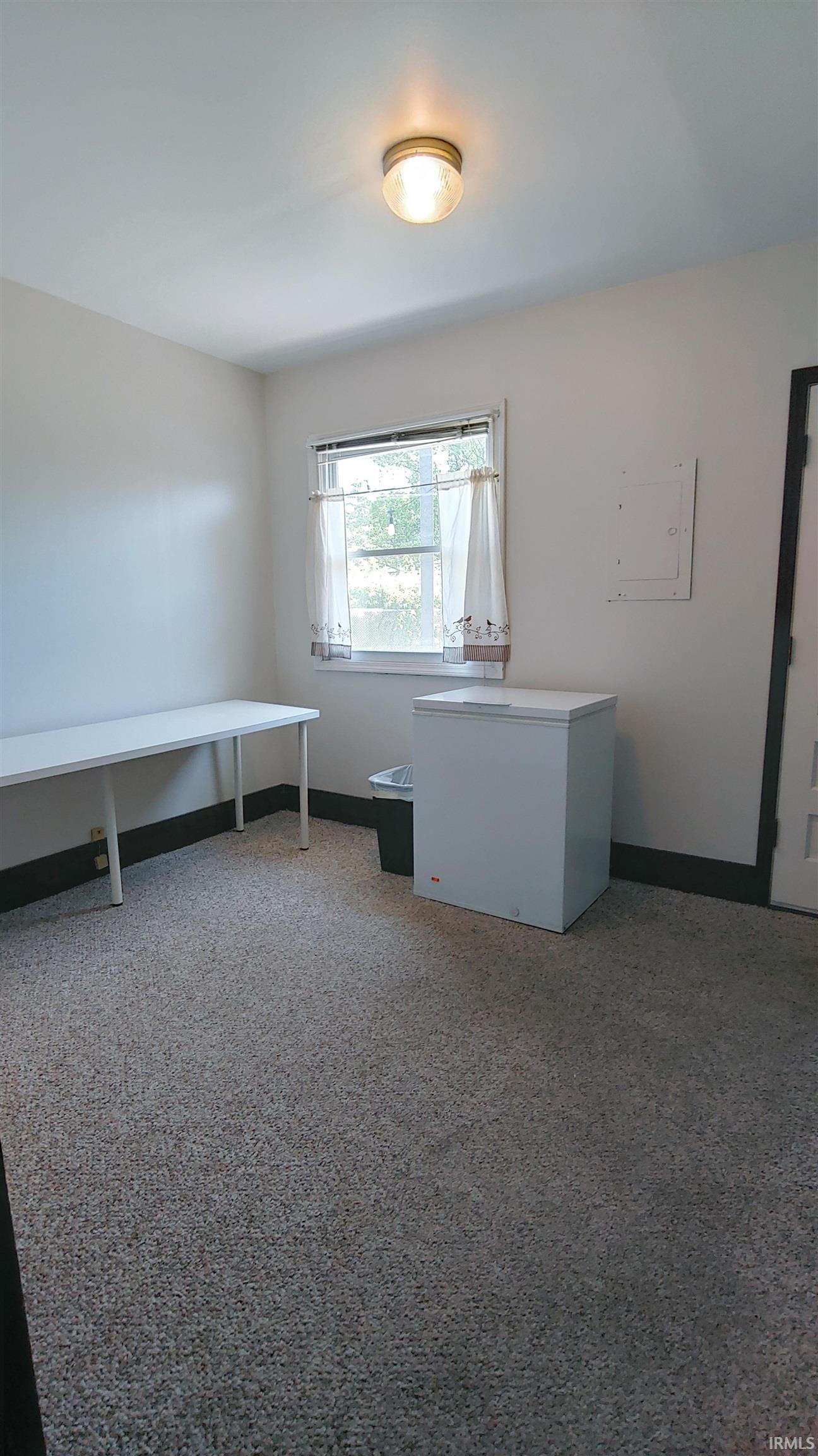 Carpeted room featuring a single window, and flush-mount ceiling light fixture.