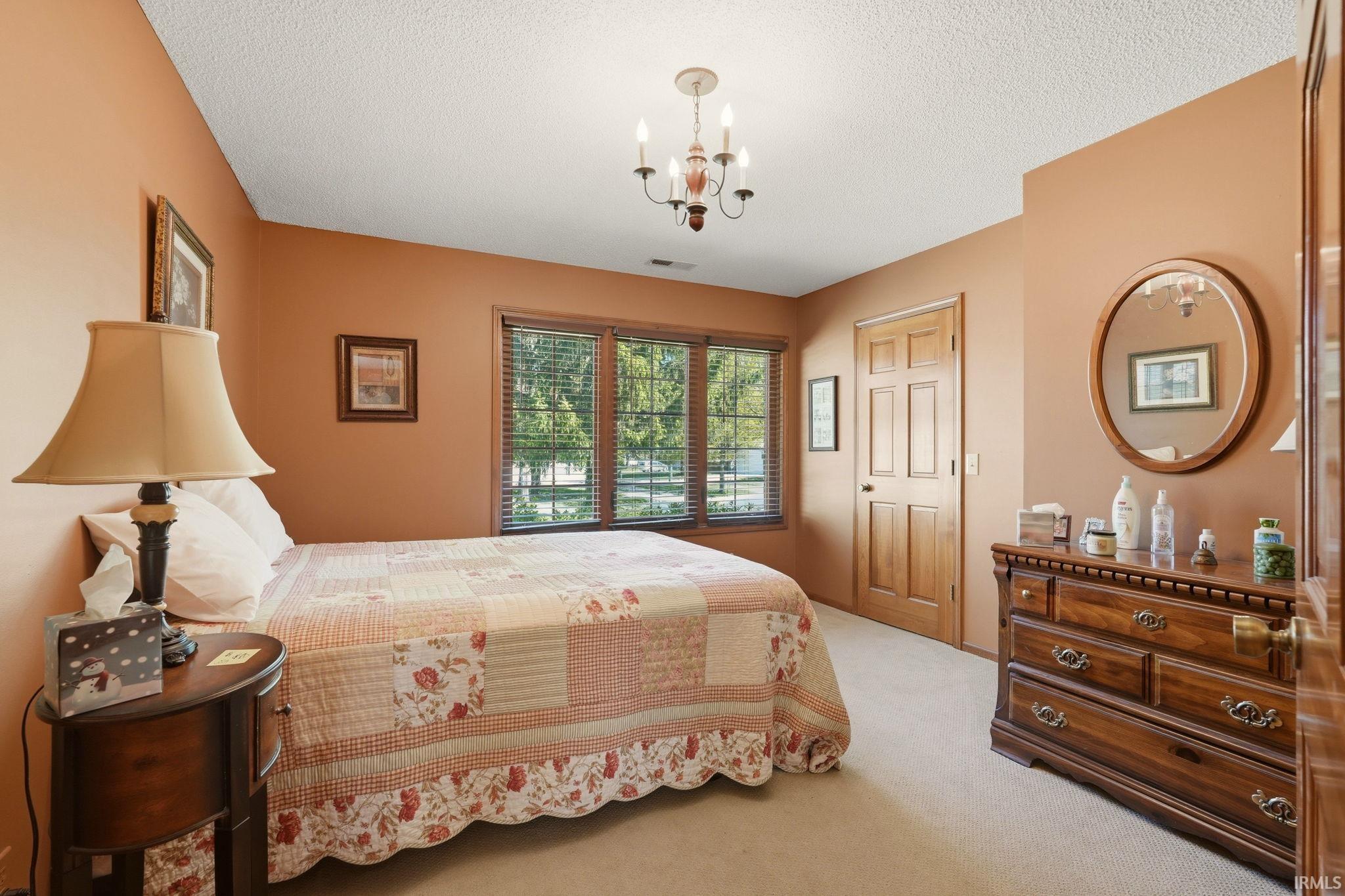 Bedroom featuring neutral carpet flooring, a multi-pane window with wood-finish blinds, and a paneled wood door