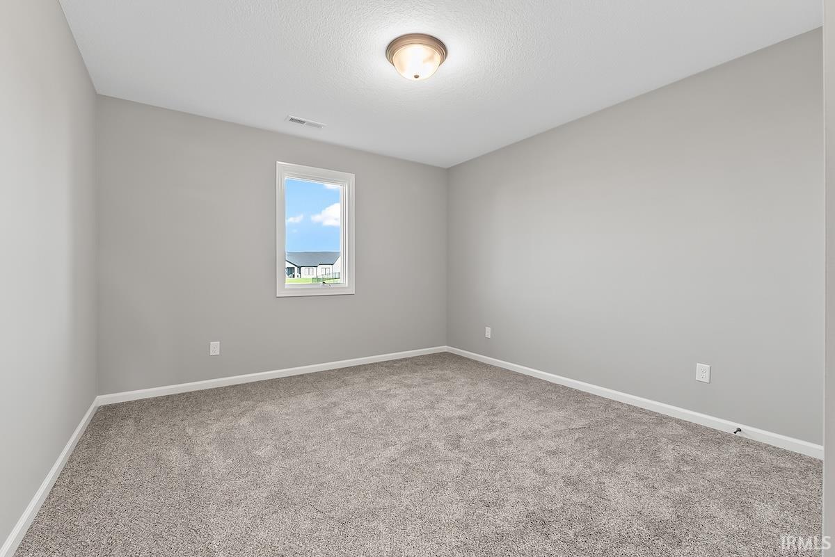 Light-filled room featuring neutral gray wall tones and soft gray carpeting