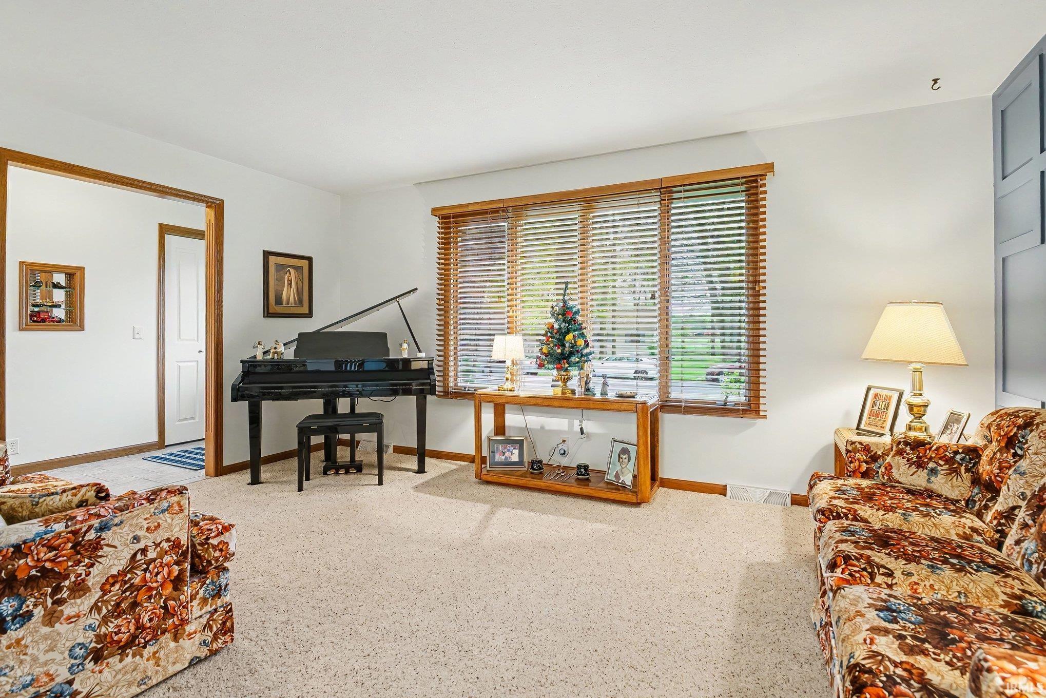 Carpeted living room featuring a large window with wood blinds, white walls, and wood trim around the entryway