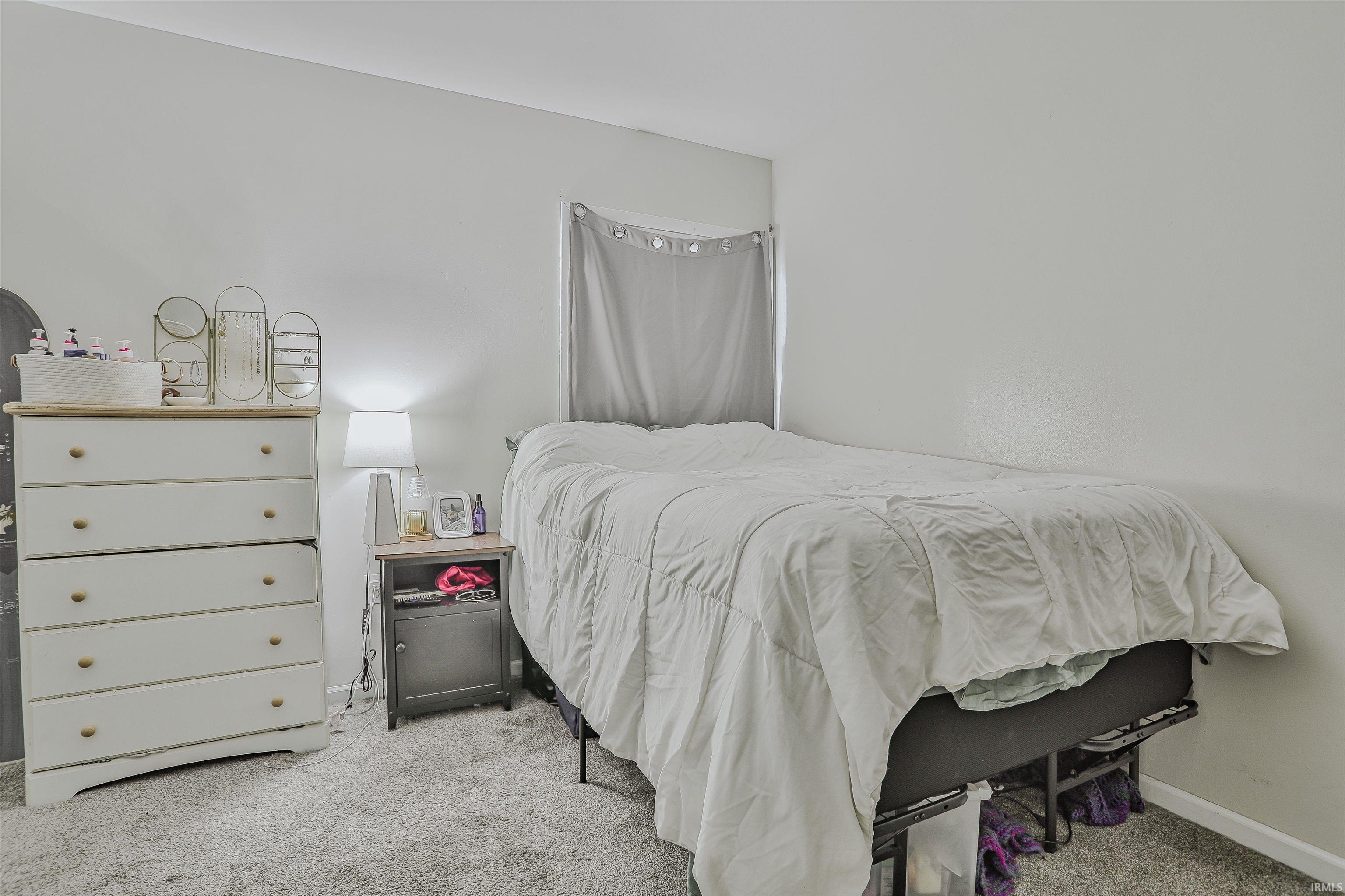Neutral wall color complements the light gray carpet flooring