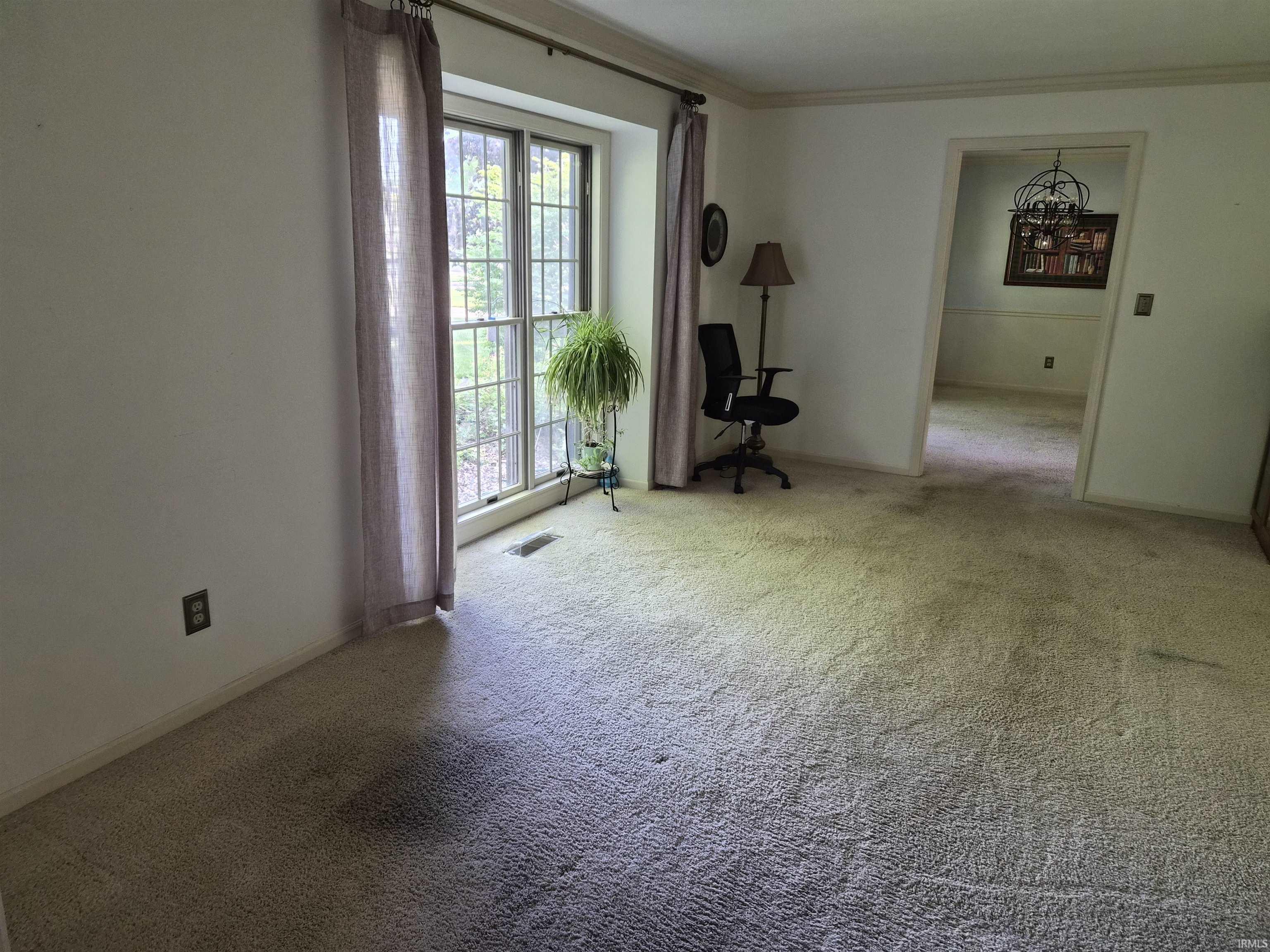 Light-colored carpeting provides a neutral base for this interior space, featuring white walls and white trim