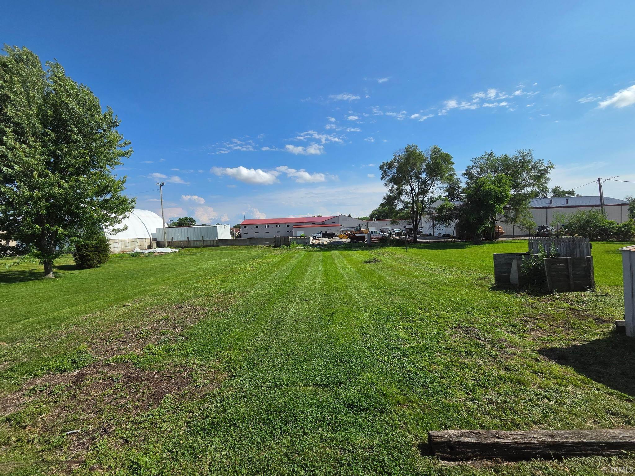 Expansive green space featuring a large grassy area, mature trees, and a clear blue sky overhead