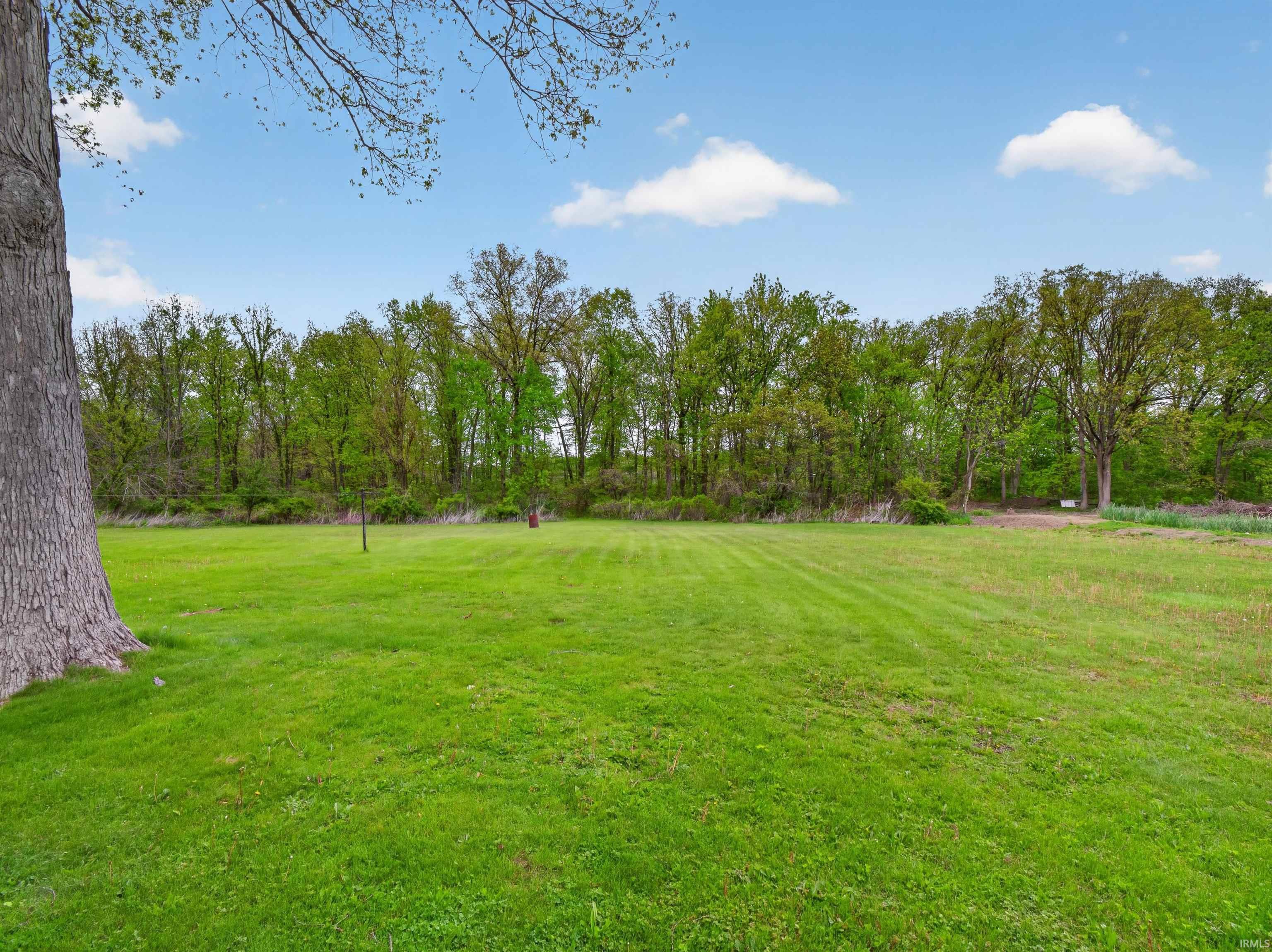 Expansive green lawn framed by mature trees, providing a private outdoor setting