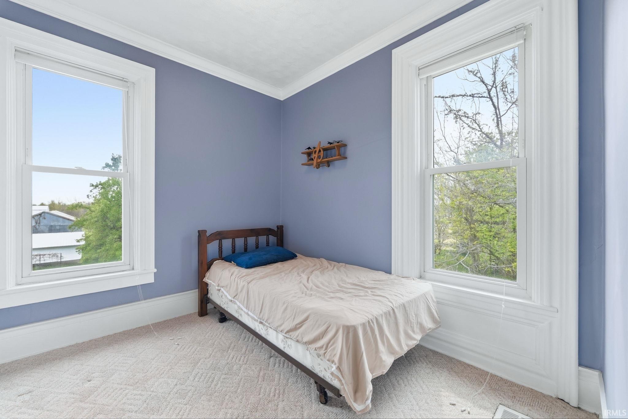 Room with patterned carpet, tall white baseboards, and two large windows featuring white trim and sills