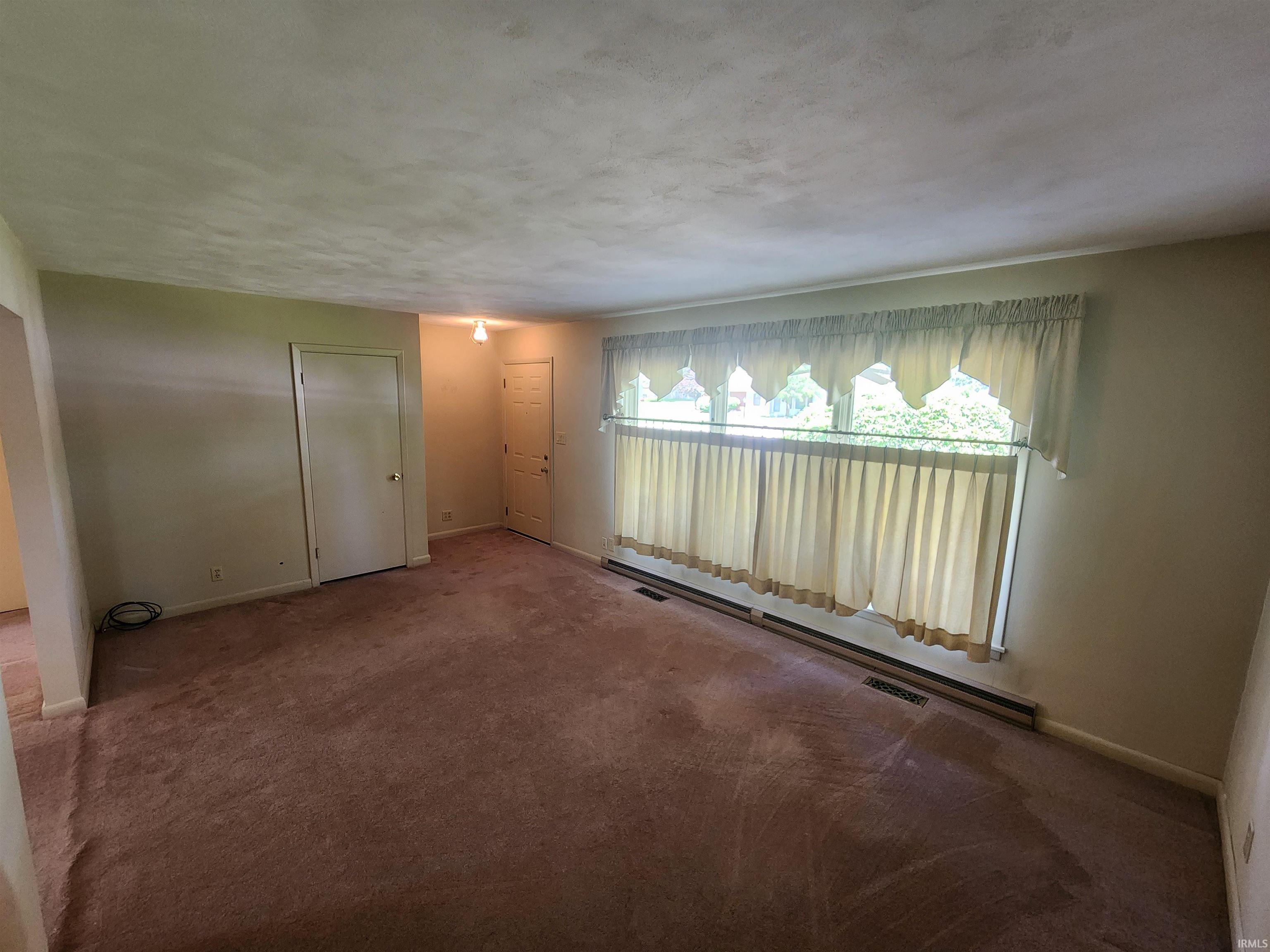 Spacious room featuring broadloom carpeting, a large picture window, two white paneled doors, and a ceiling-mounted light fixture