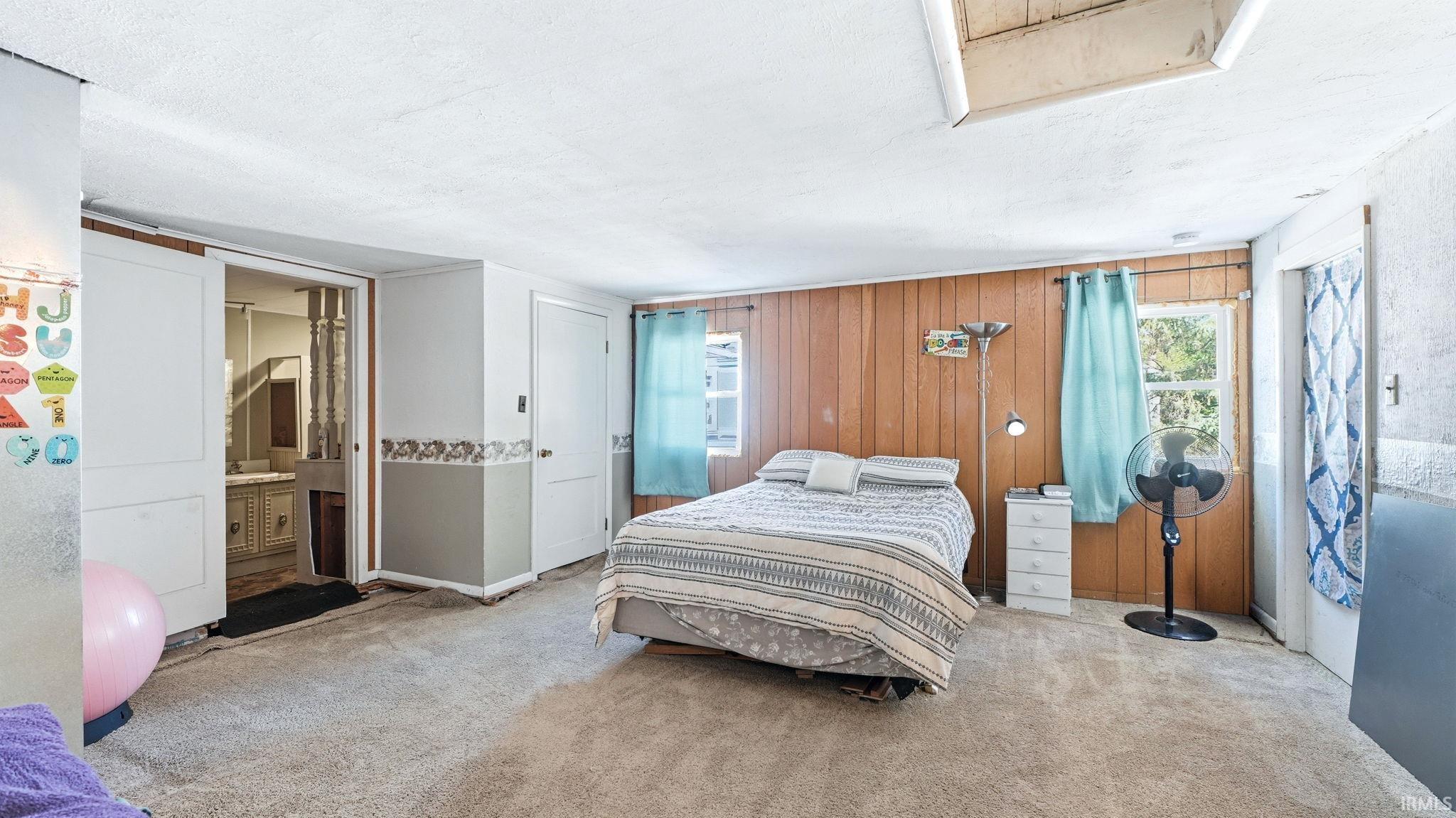 Carpeted interior space featuring wood paneling and white ceilings