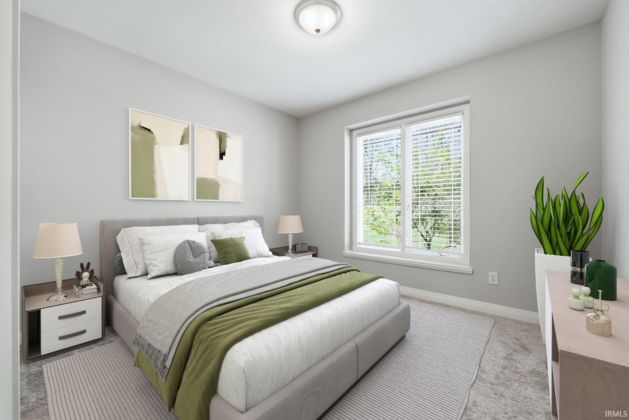 Bedroom featuring light gray wall paint, a single window with white blinds, a flush-mount ceiling light fixture, and light-toned flooring