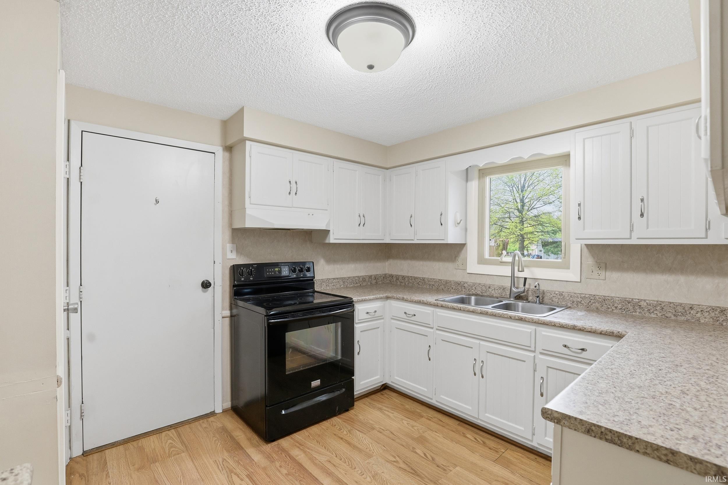 Kitchen featuring white cabinetry, a black electric range, wood-finish flooring, a double basin stainless steel sink, and light-toned countertops