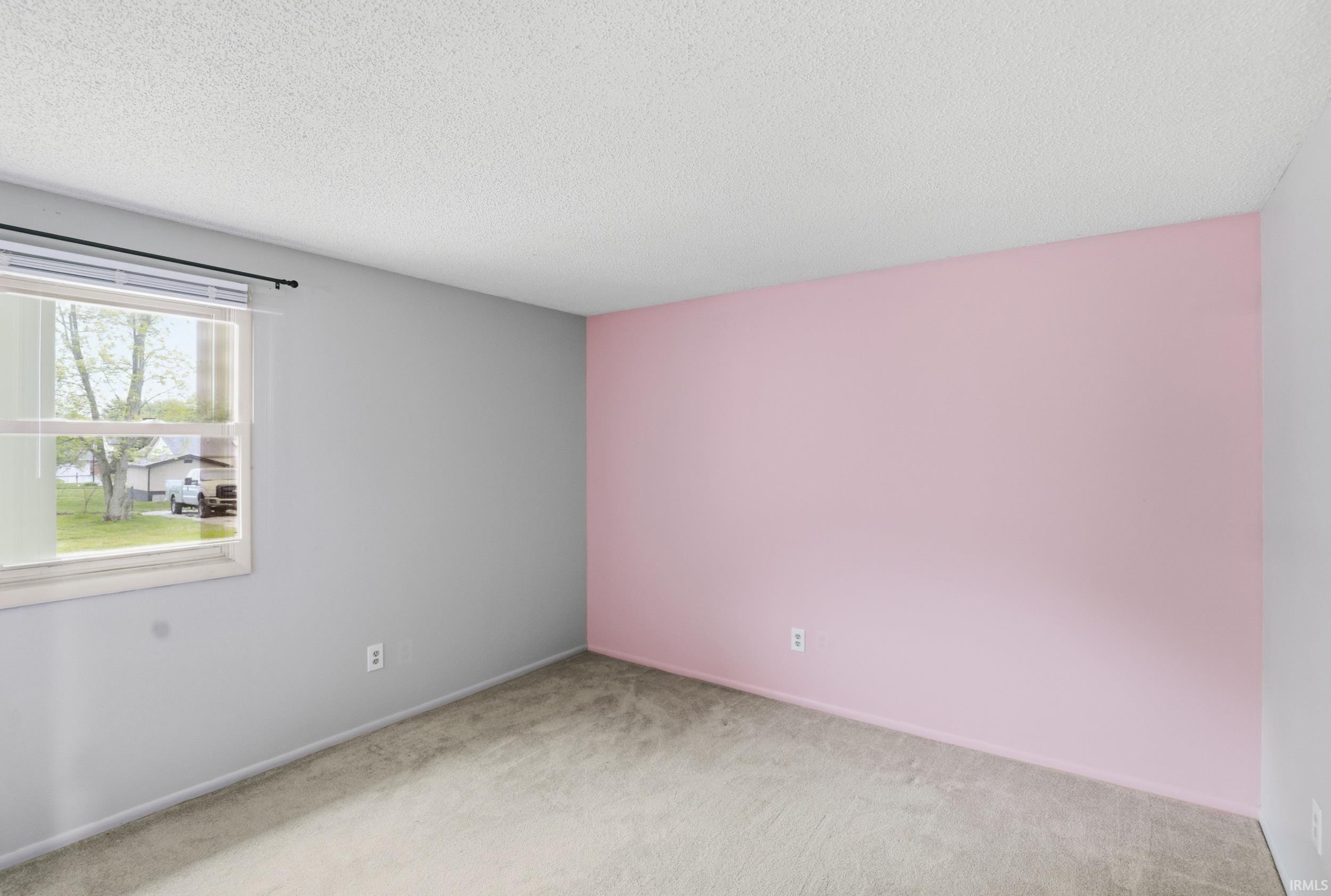 Carpeted room featuring a single window with blinds, light gray walls, and a single accent wall in pink