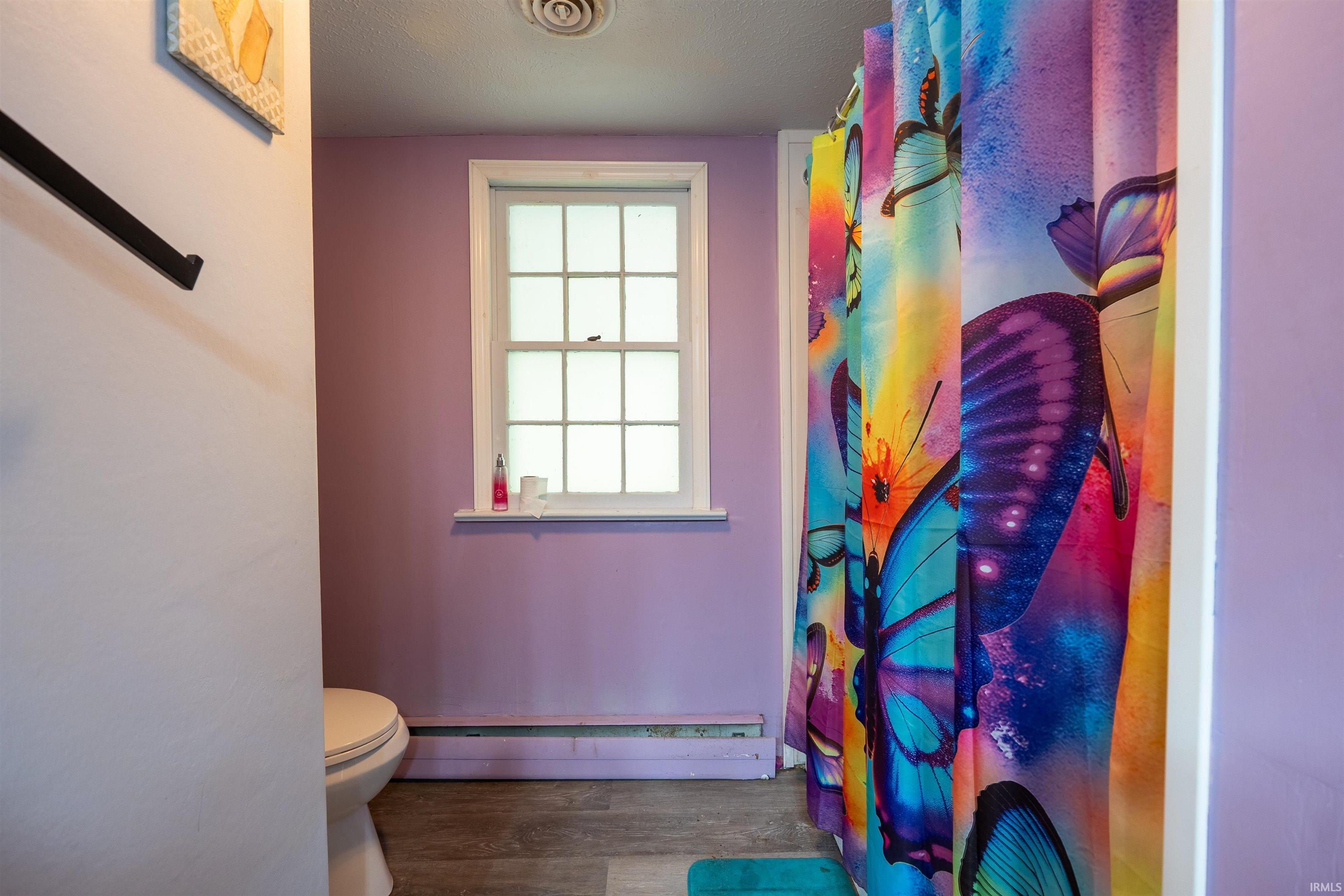 Bathroom featuring a window with grid panes, purple painted walls, and wood-finish flooring