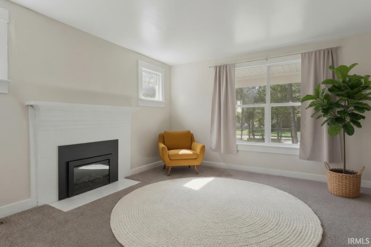 Living area featuring a modern fireplace with a black surround and white mantel, light-toned walls, and grey carpet flooring