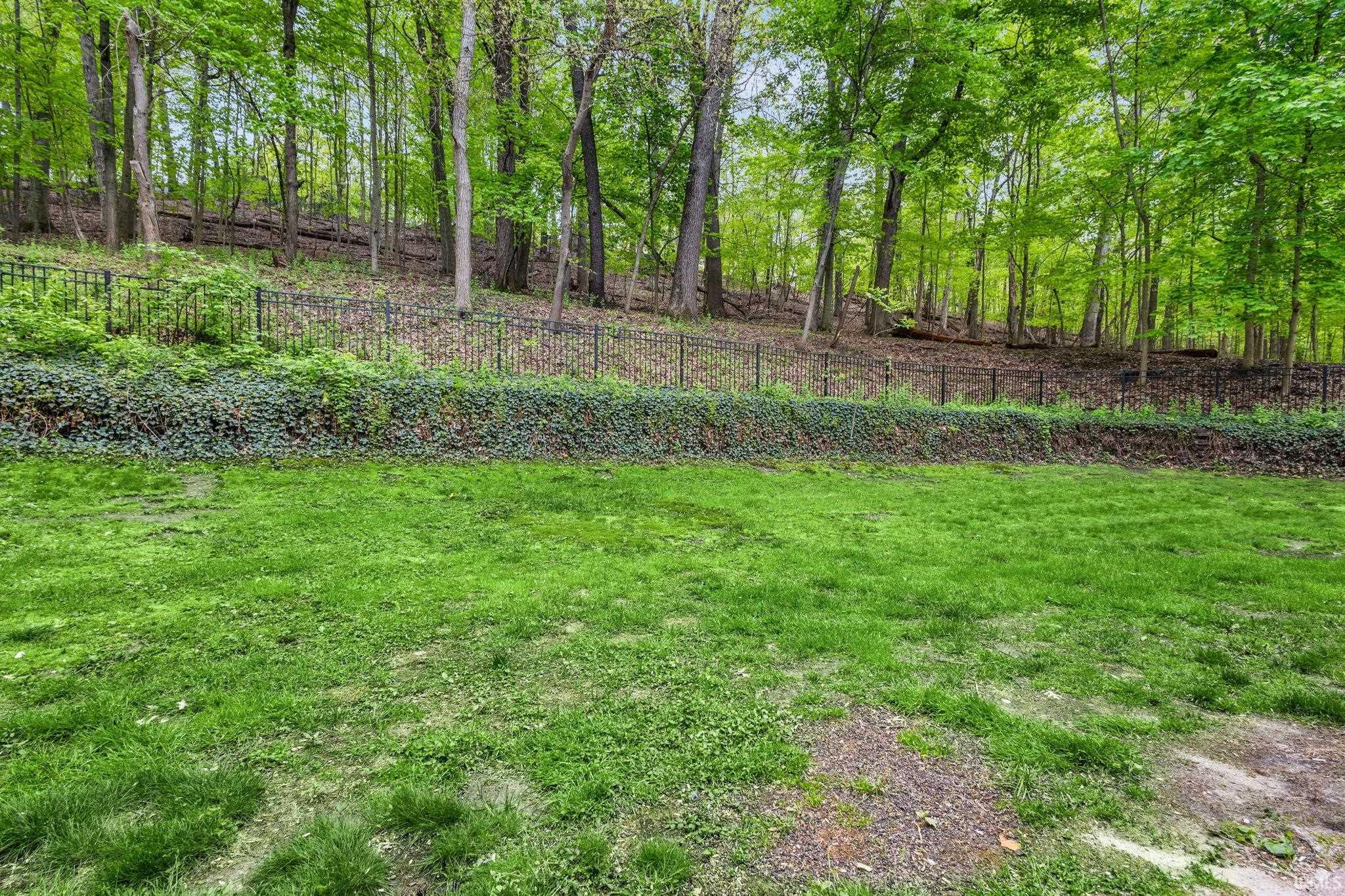 Expansive green lawn with a mature tree line, featuring a wrought iron fence and ground cover plantings