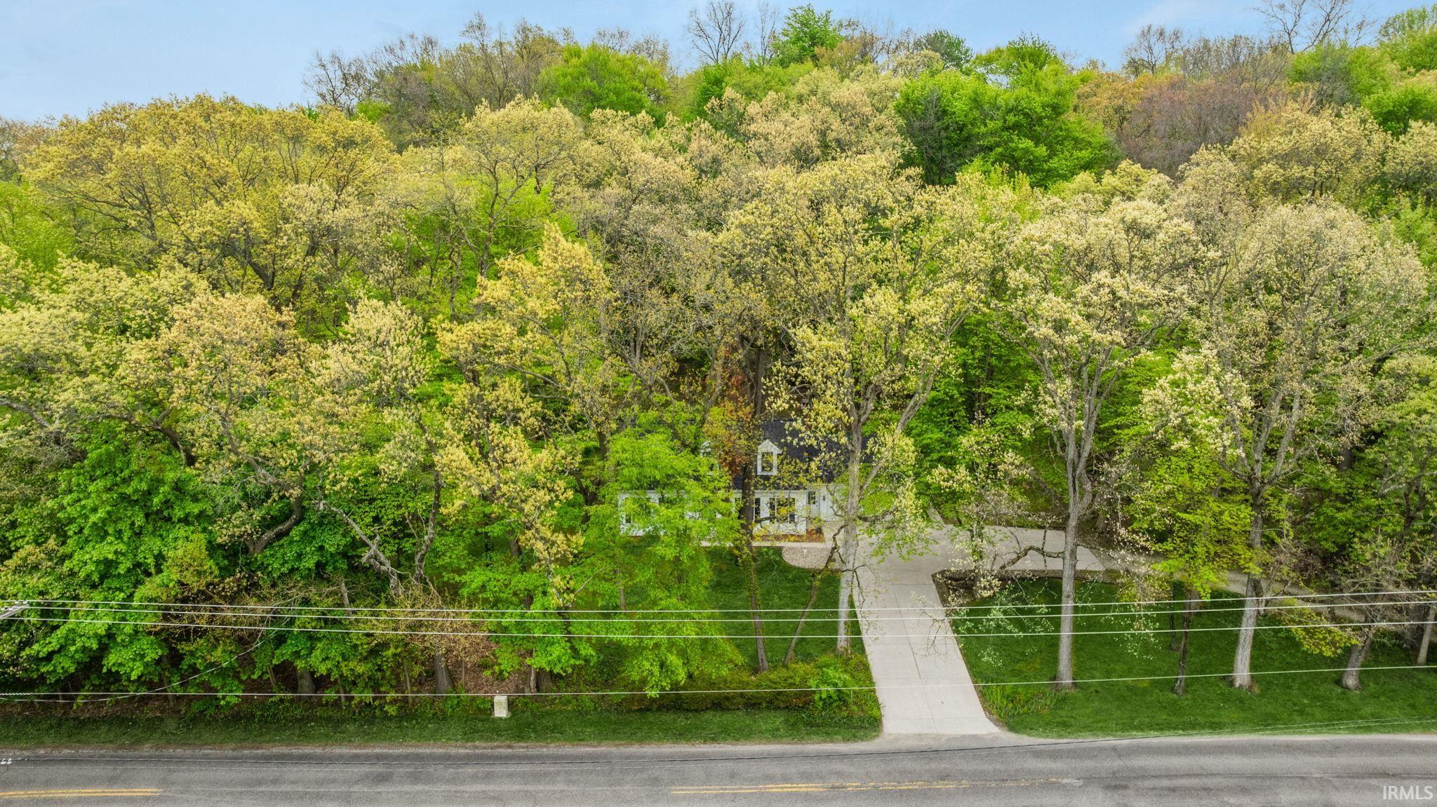 Secluded property surrounded by mature trees, featuring a private driveway and a classic dark-pitched roof