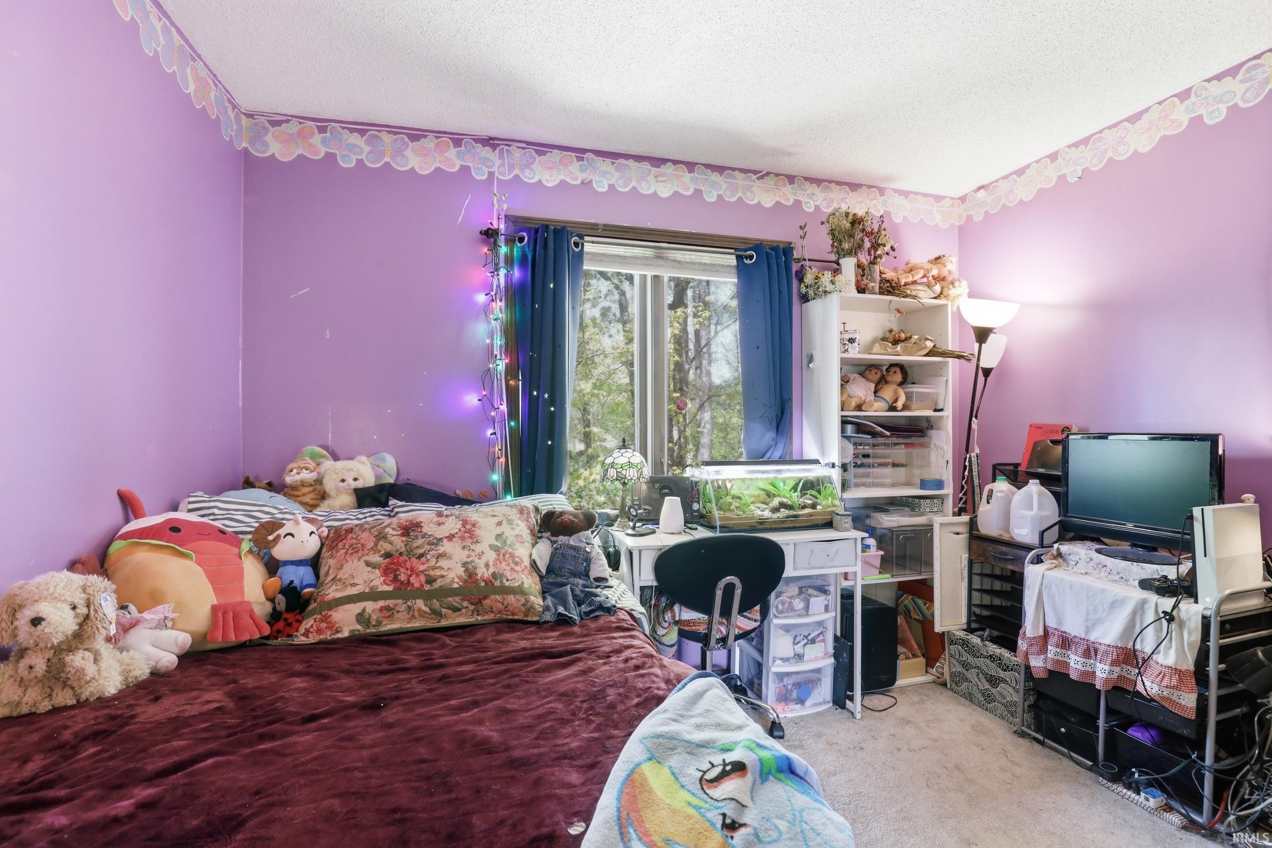 Broadloom carpeting and a window with tree scenery