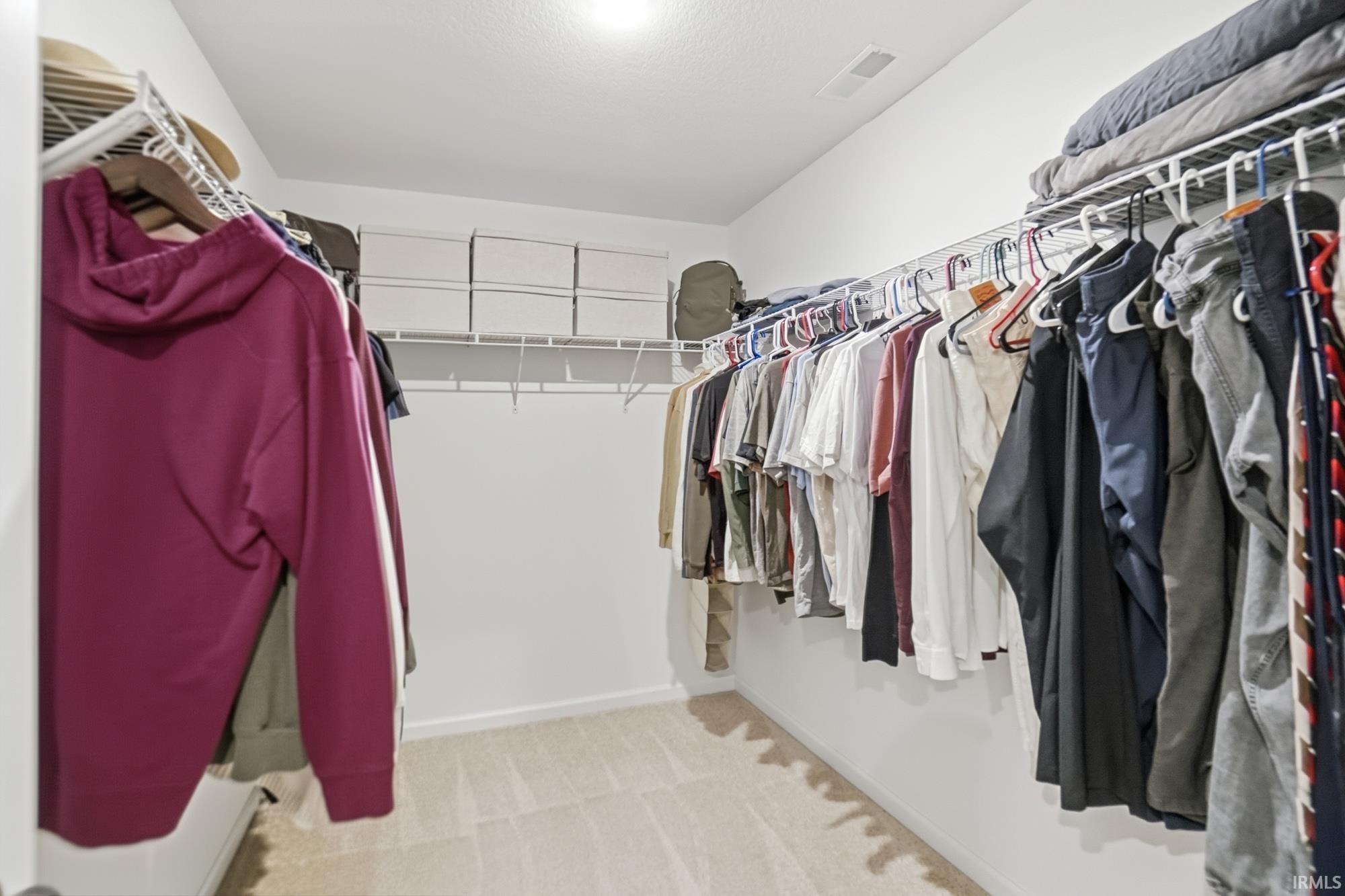 Walk-in closet featuring wire shelving, integrated hanging rods, white walls, recessed lighting, and carpet flooring