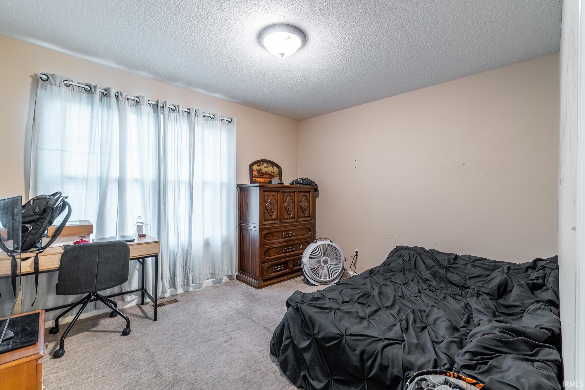 Carpeted room with neutral wall paint and a single ceiling light fixture