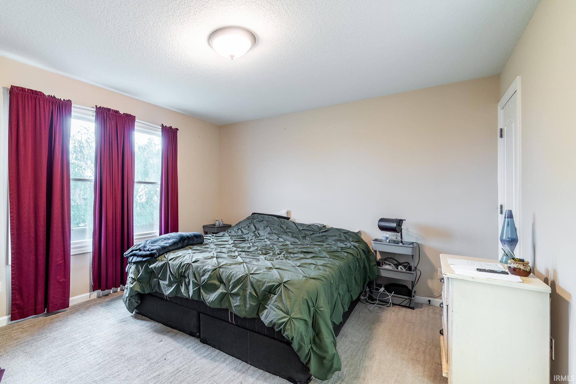 Carpeted bedroom with neutral wall tones and a ceiling-mounted light fixture