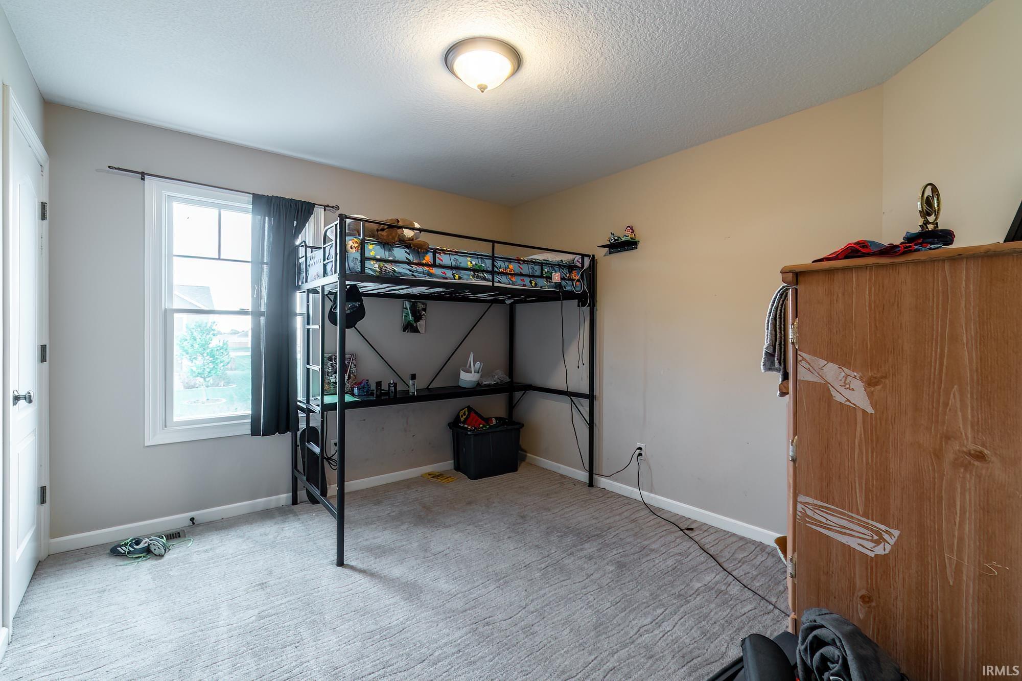 Carpeted room featuring neutral wall tones, a single window with black curtain rod, and a flush-mount ceiling light fixture