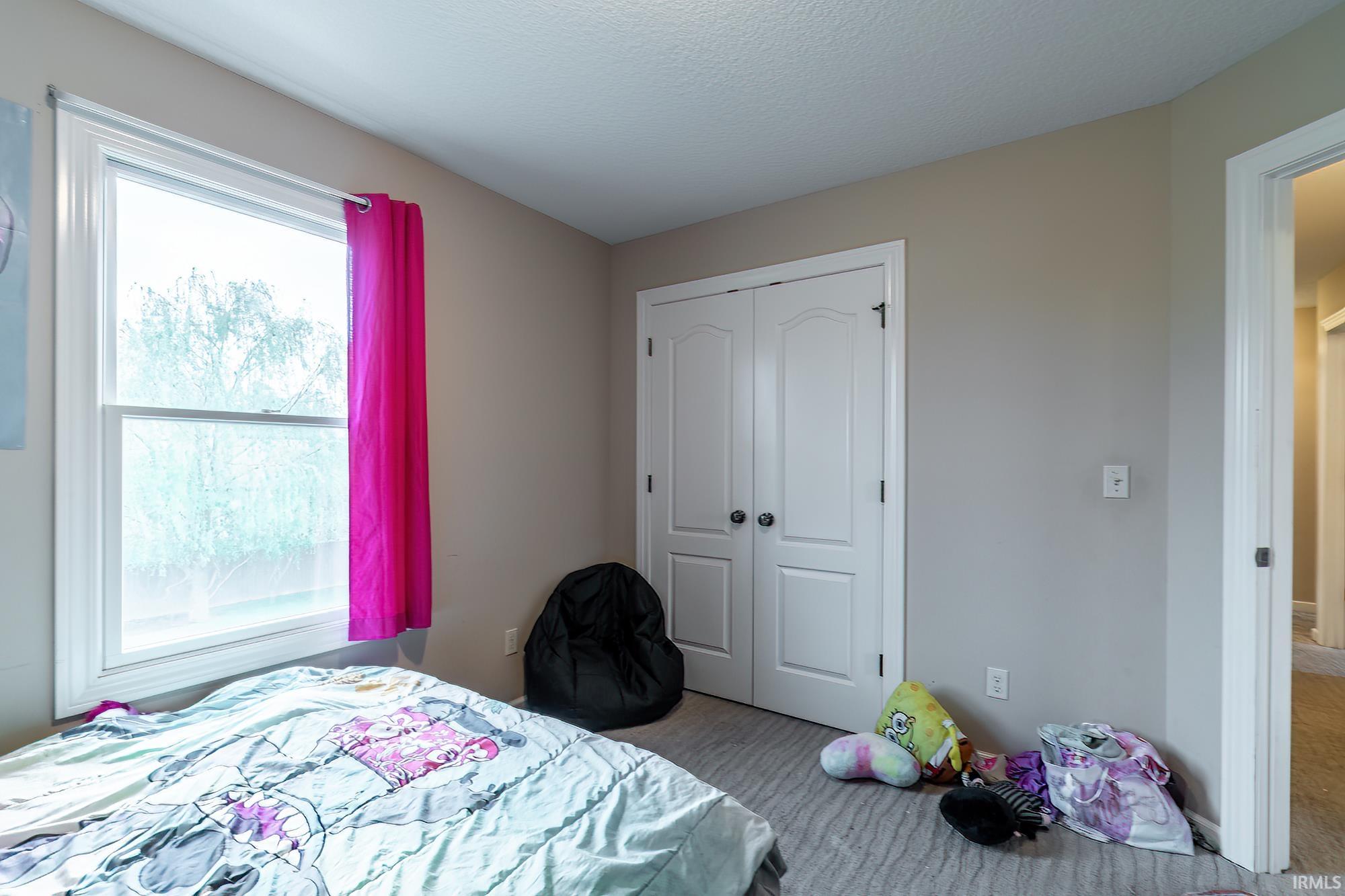 Spacious room featuring a large window with white trim, neutral wall color, and textured carpeting