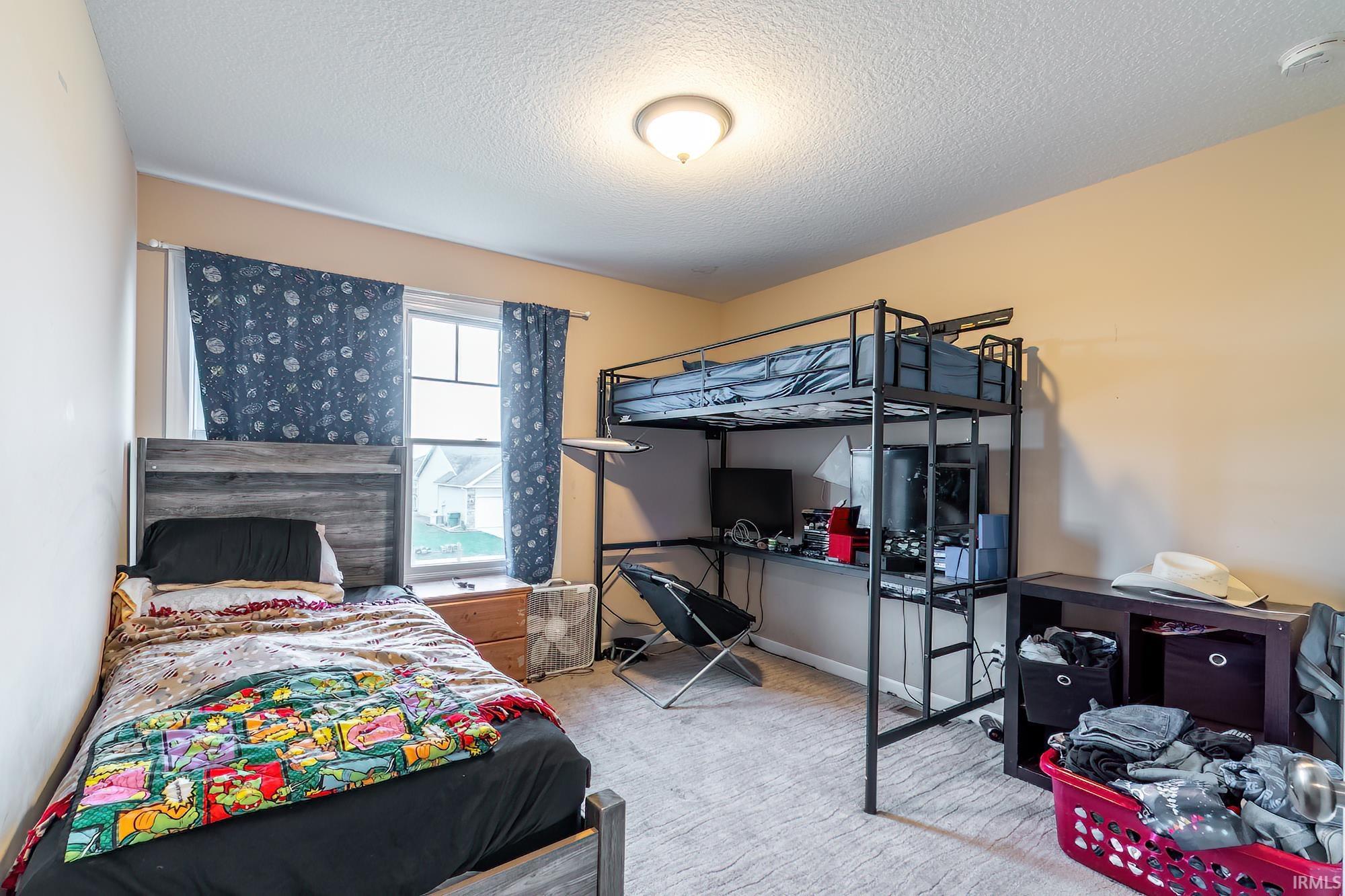 Carpeted room with a double window and a flush-mount ceiling light fixture