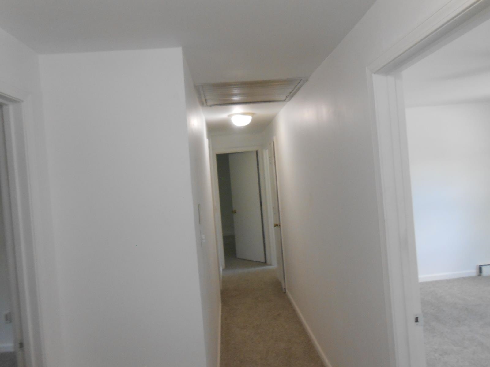 Hallway featuring light-toned carpeting and neutral wall paint
