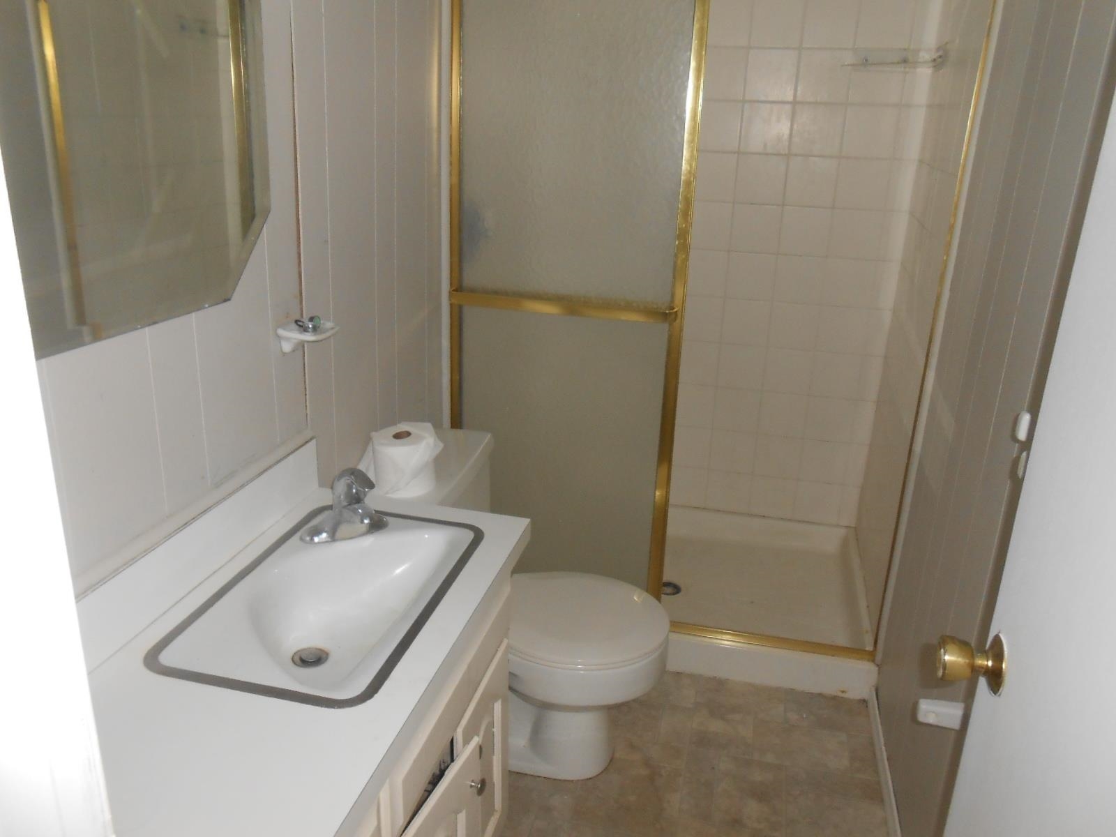 Bathroom featuring a vanity with an integrated sink, a toilet, and a stand-up shower with a gold-framed frosted glass enclosure