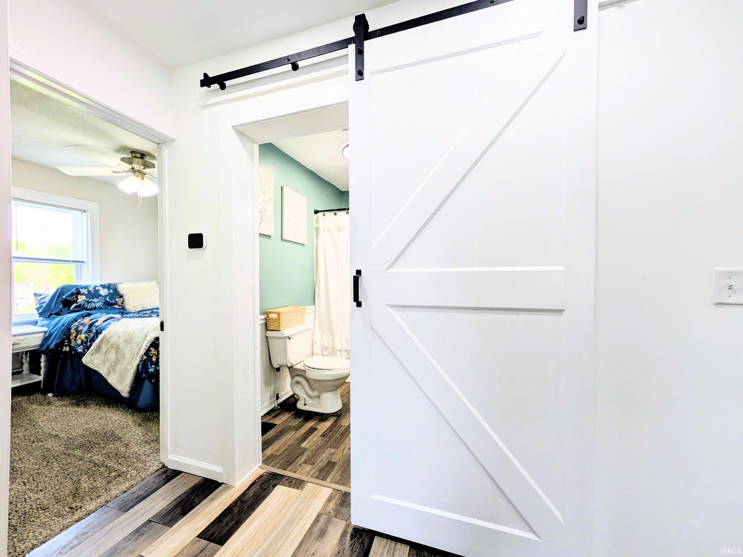 Modern white barn door on black hardware, opening to a bathroom with light blue walls and wood-finish flooring